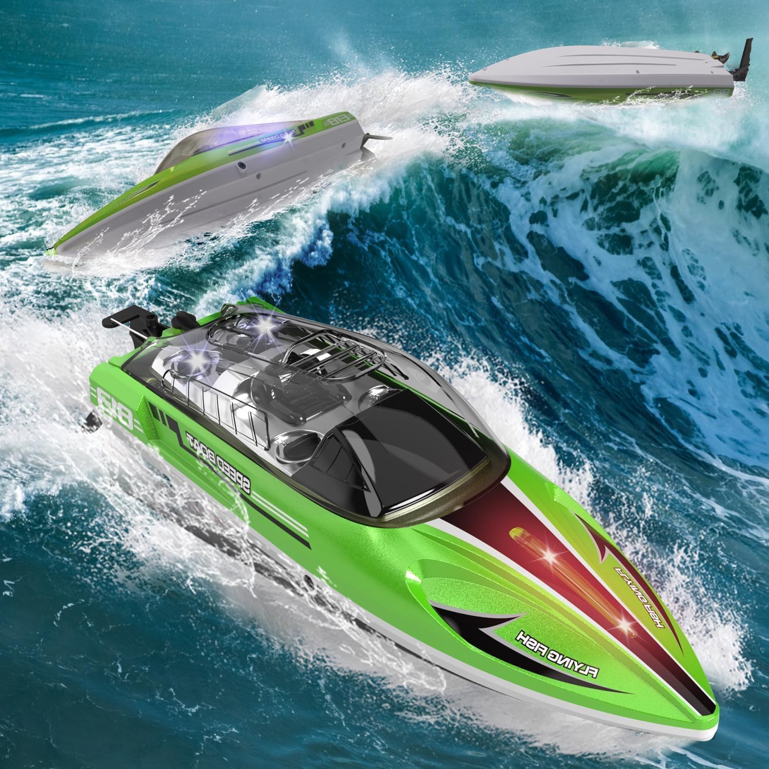 30 KM/H Ferngesteuertes Boot – RC-Speedboot ab 6 Jahren (1:16) mit Dual-Akkus, wasserdicht, LED-Beleuchtung und Auto-Piloten