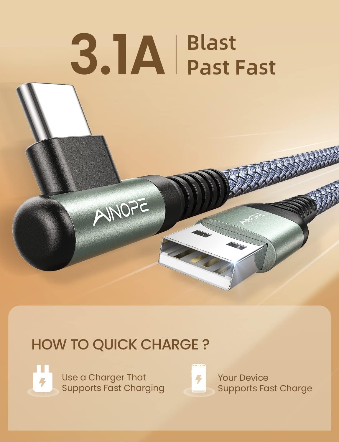 Detalle 2 de AINOPE USB-C Schnellladekabel 3.1A – 4er-Set, 0,5/1/2/3 m, right-angled USB-A zu USB-C Kabel, Nylon geflochten