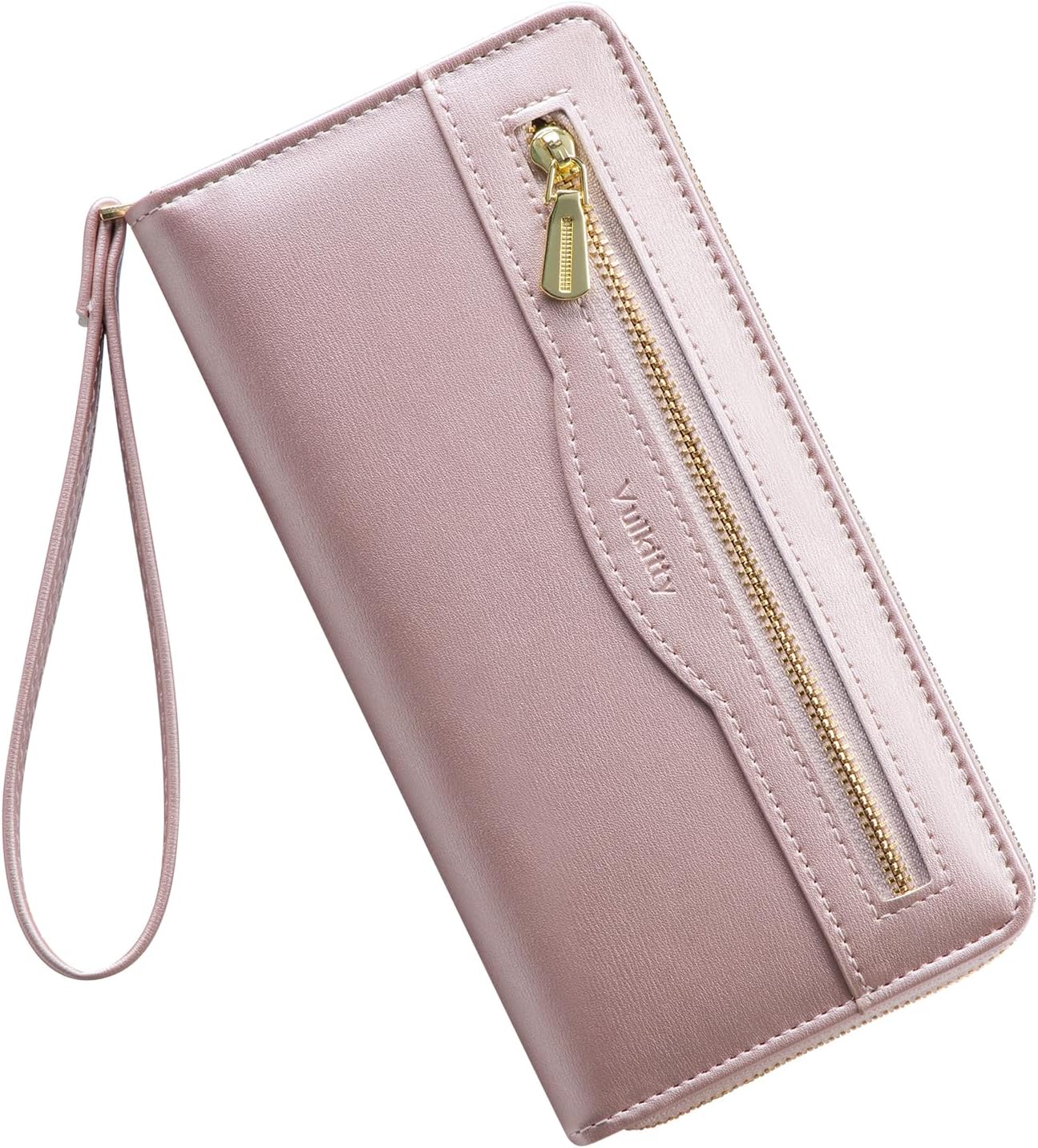 Detalle de Vulkitty grand portefeuille RFID pour femme en cuir végane rose brillant avec dragonne