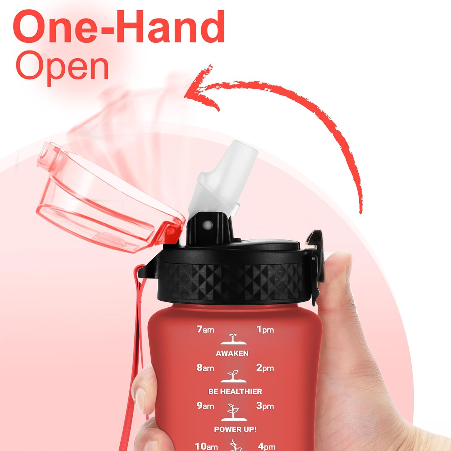 Detalle de GOPPUS 350ml Kids Water Bottle with Straw, Tritan, Strap & Flip-Top Lid (Pure Red)