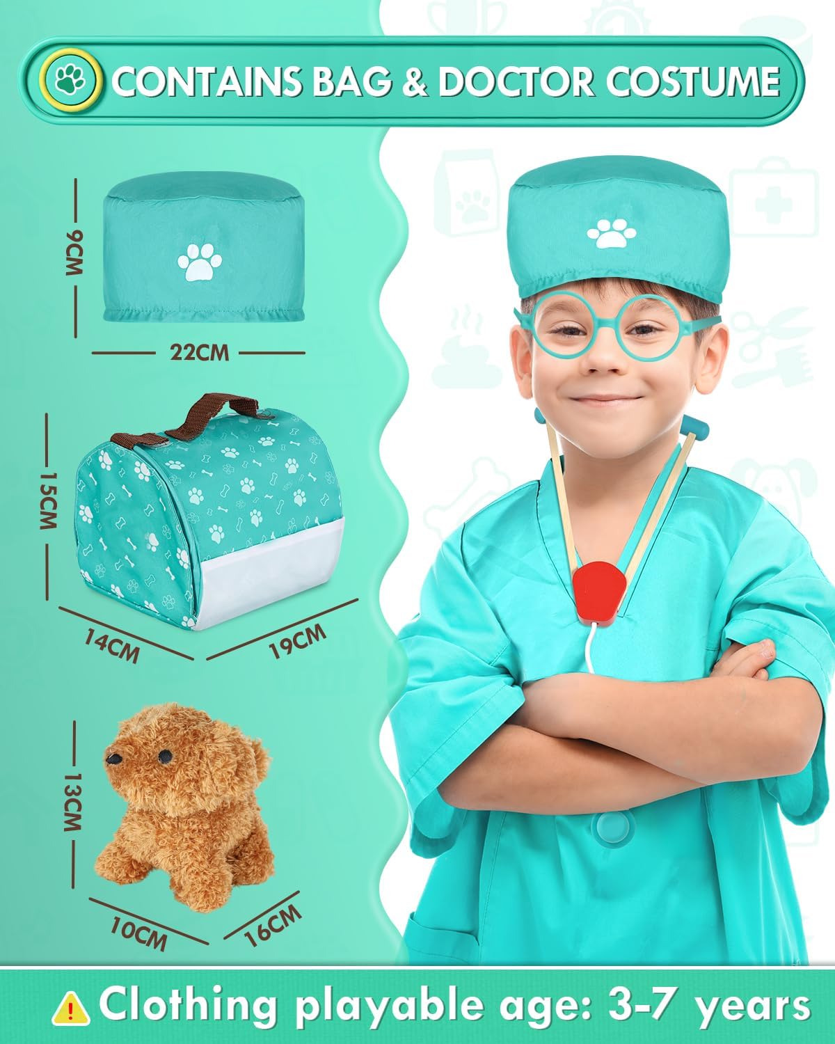 Detalle de Doctors Set for Kids: Vet Kit with Plush Puppy and Wooden Medical Toy Accessories (Green)
