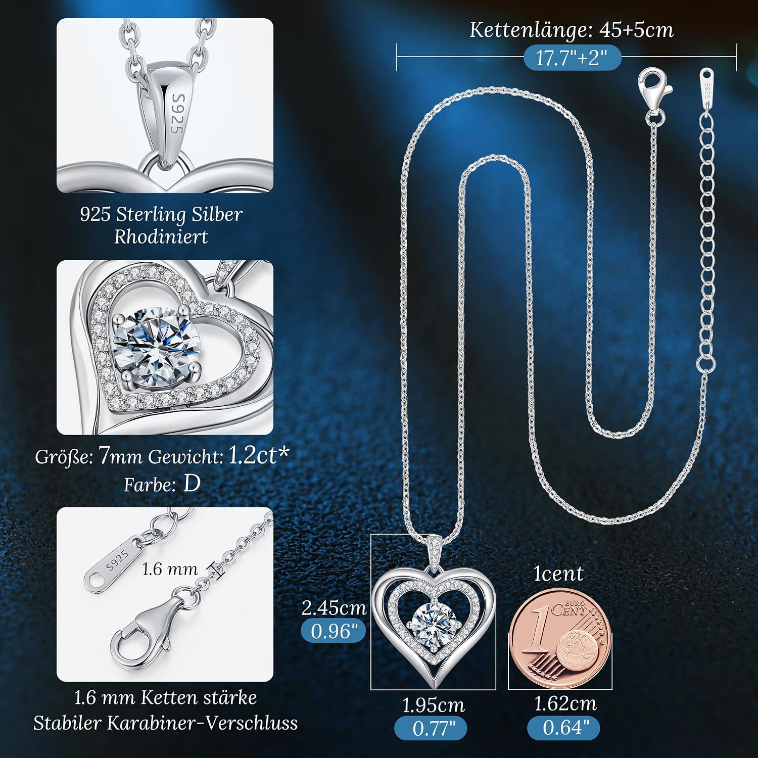 Thumbnail 2 de CDE Damen-Halskette aus 925 Sterling Silber mit Moissanit-Herz-Anhänger (Moissanite D-Farbe VVS1, I LOVE YOU)