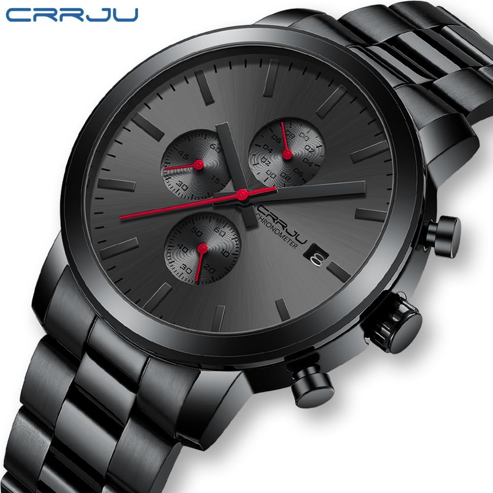 Detalle de CRRJU Herren Chronograph Schwarz Edelstahl – Quarz, Datum, Stoppuhr, 45 mm