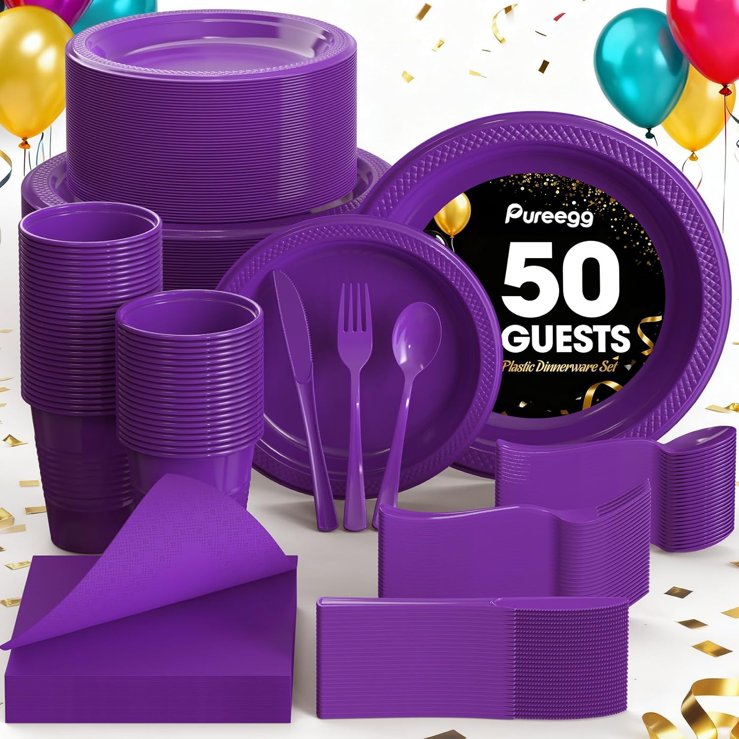 Detalle 1 de Pureegg 350-Piece Purple Disposable Dinnerware Set for 50 Guests