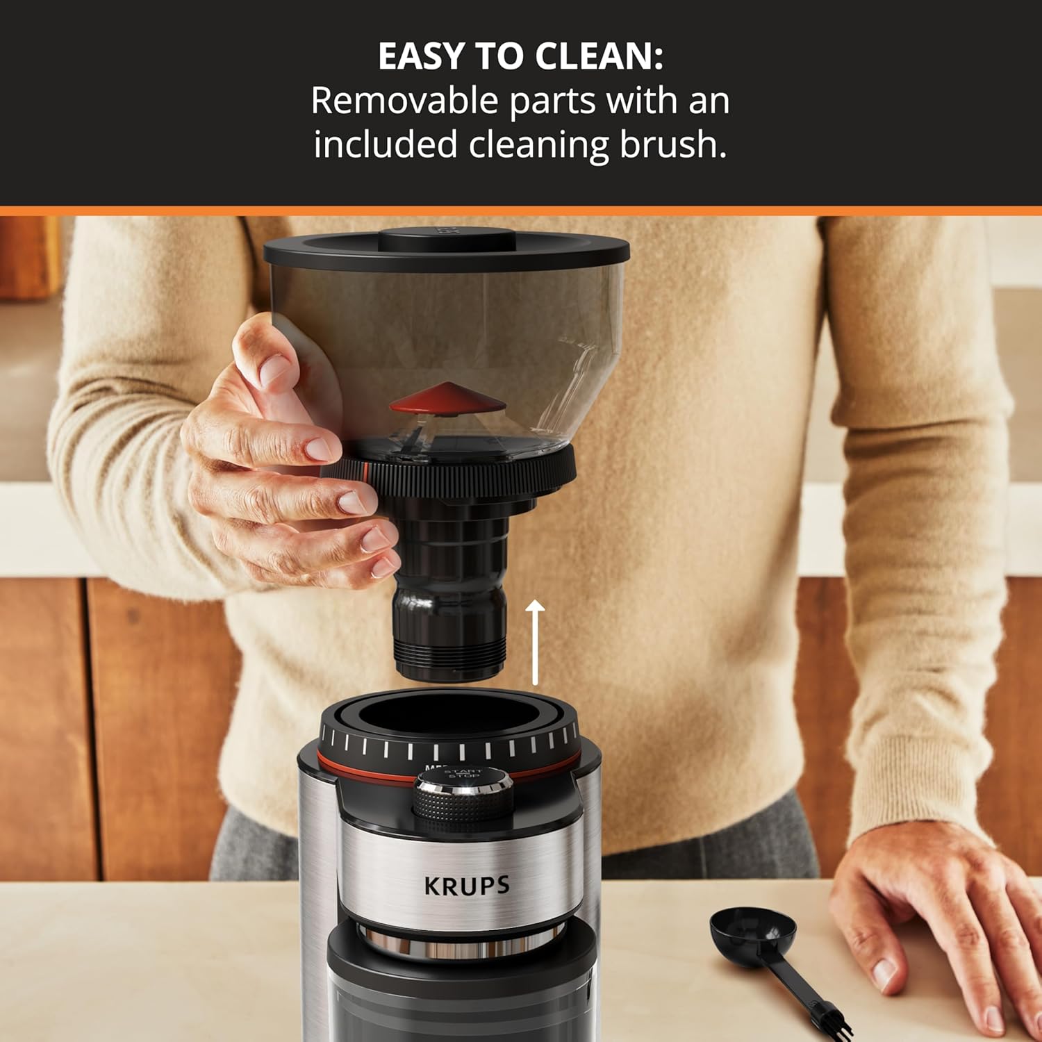 Detalle de KRUPS Flat Burr Coffee Grinder Electric, 18 Adjustable Settings, 2-20 Cups, Stainless Steel, Black