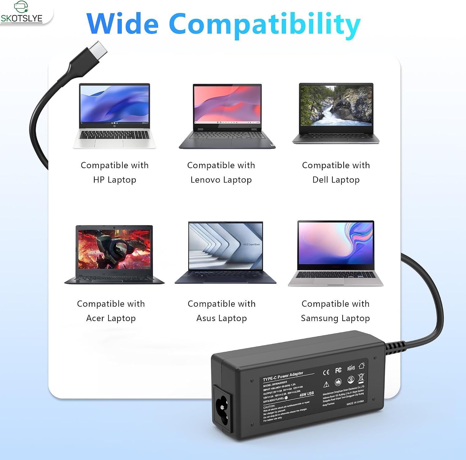 Detalle de SKOTSLYE 45W USB-C Laptop Charger: Compact, fast charging for HP, Dell, Lenovo and more