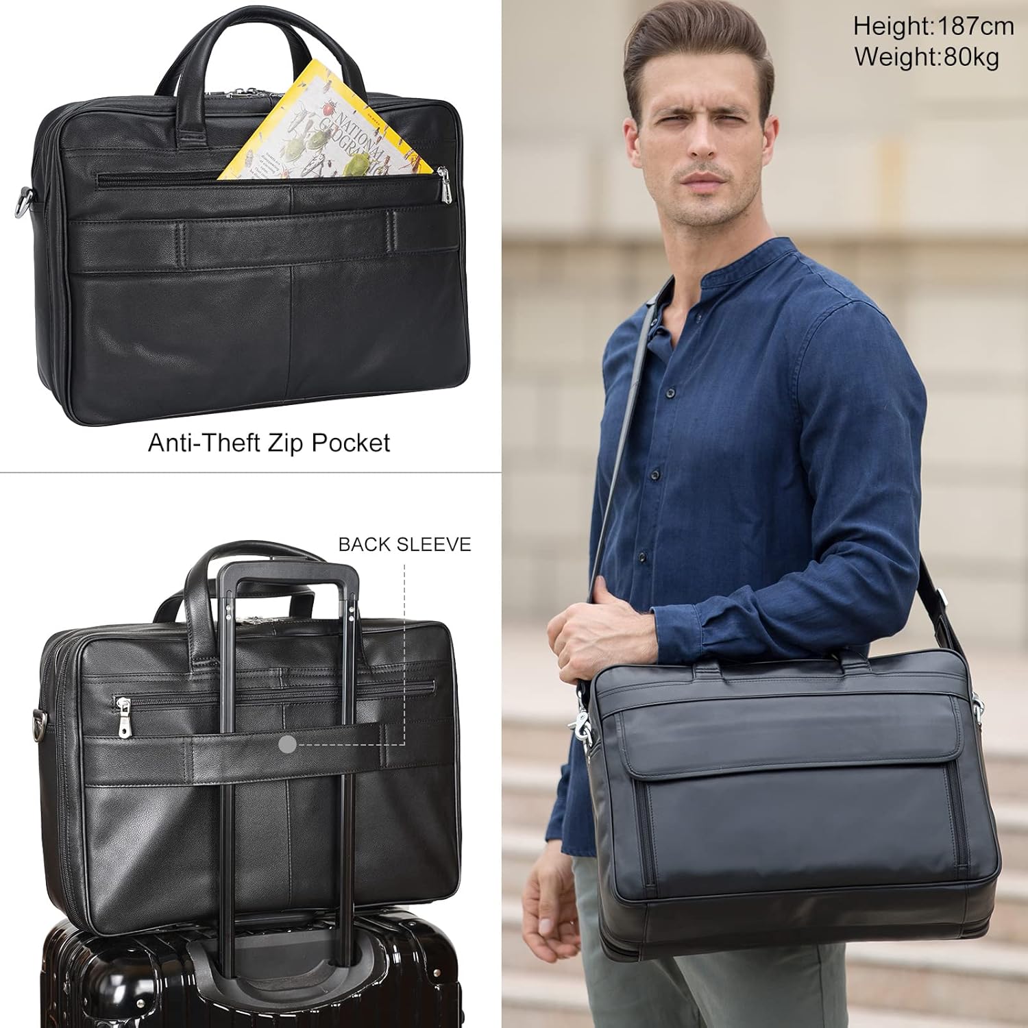 Thumbnail 6 de TIDING Men's Leather Briefcase 15.6‑17.3 Inch Laptop Bag – Black