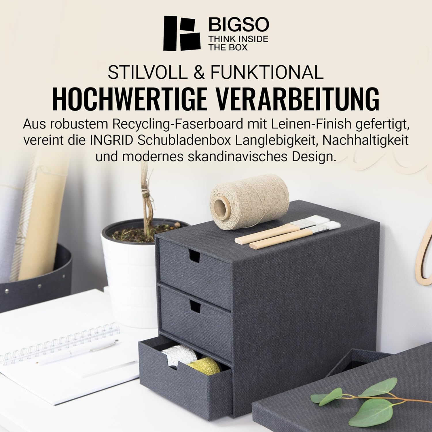 Thumbnail 4 de BIGSO INGRID Schubladenbox für Dokumente und Bürobedarf – Schreibtisch-Organizer mit 3 Schubladen, schwarz