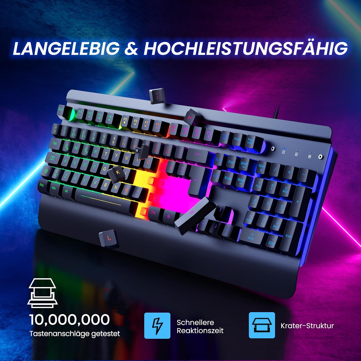 Detalle 2 de RisoPhy Gaming Tastatur, QWERTZ, Vollmetallgehäuse – beleuchtet, leise, mit Handballenauflage