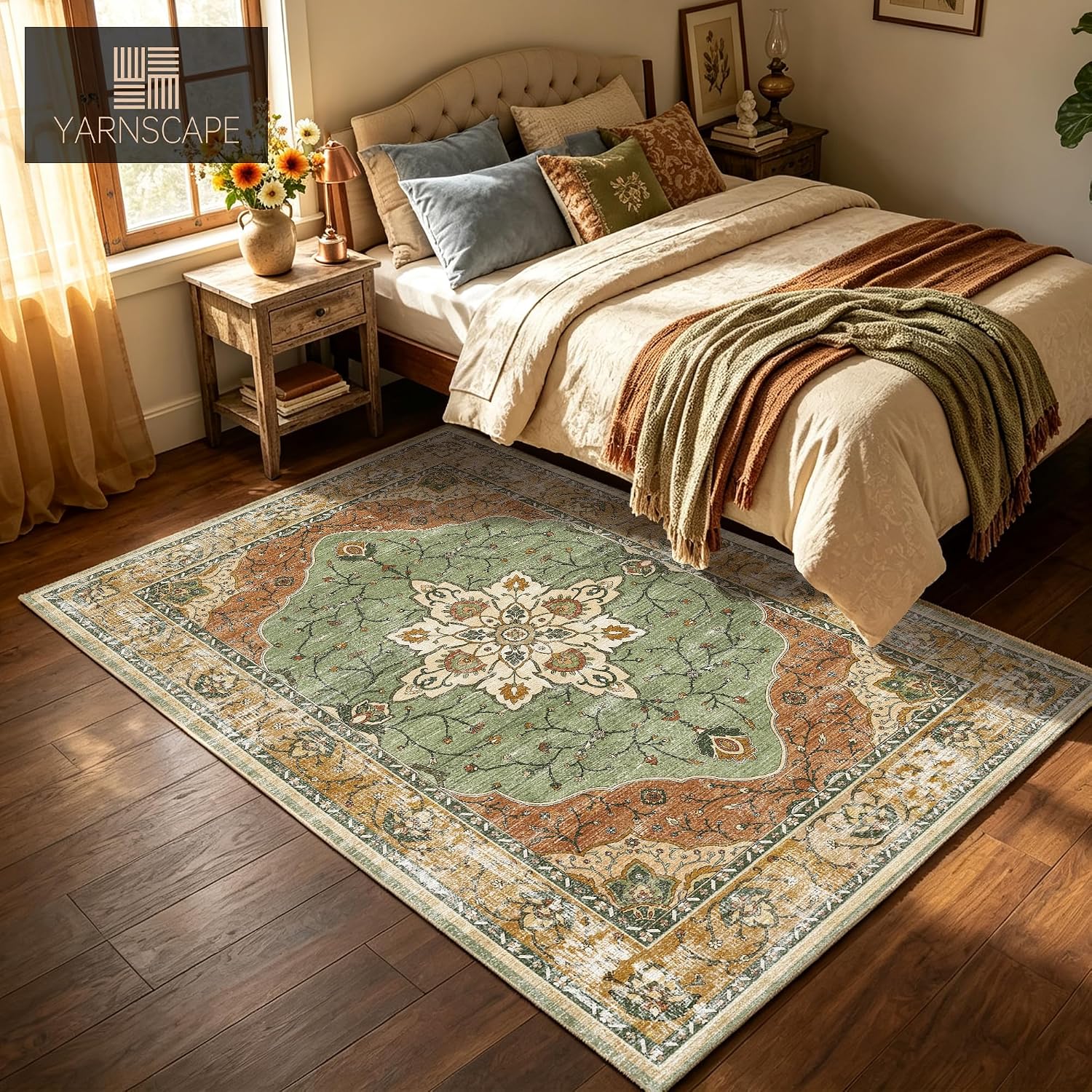 Detalle de YARNSCAPE Area-Rug 5' x 7' Washable Low-Pile Rug, Non-Slip, Sage Green
