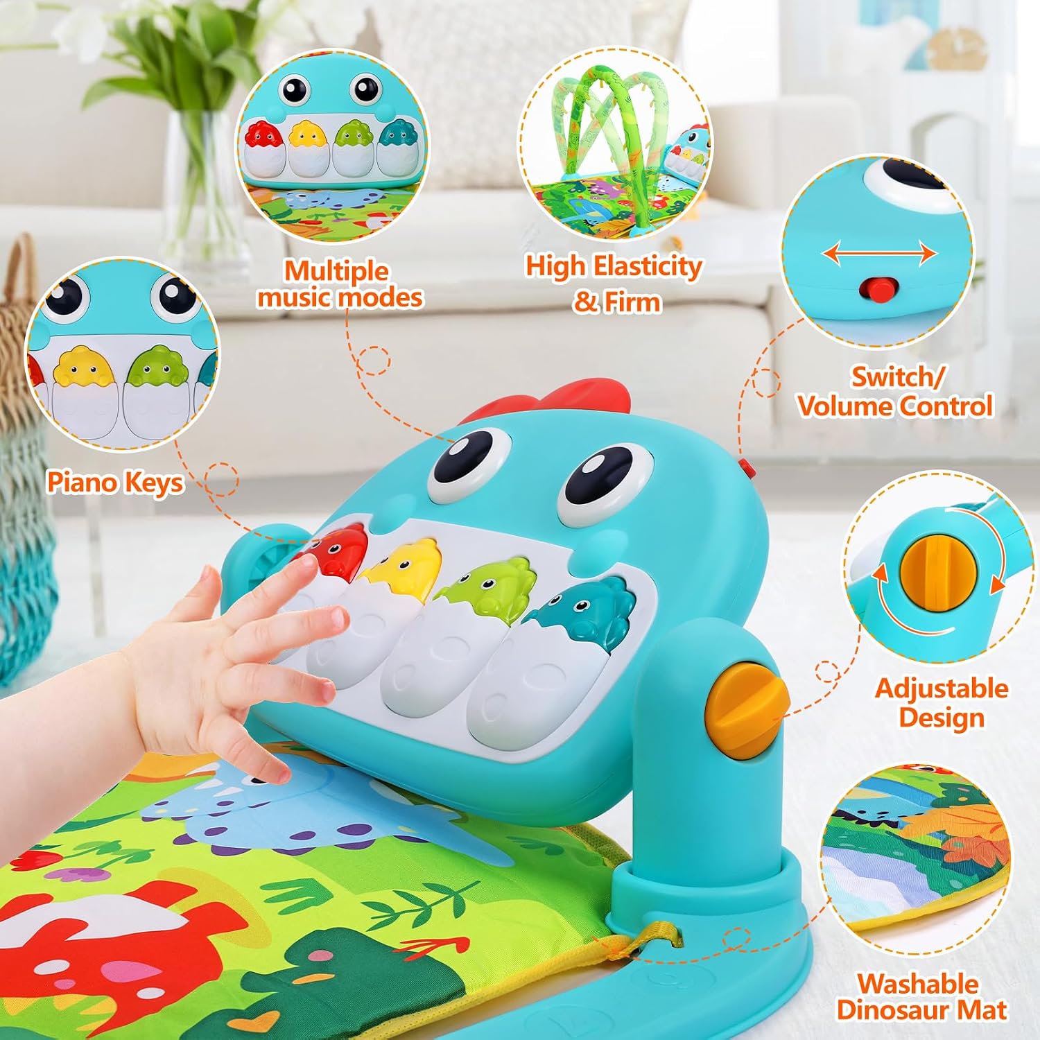 Thumbnail 6 de UMIKU Green Dinosaur Baby Play Mat with Piano, Contrast Books & Hanging Toys