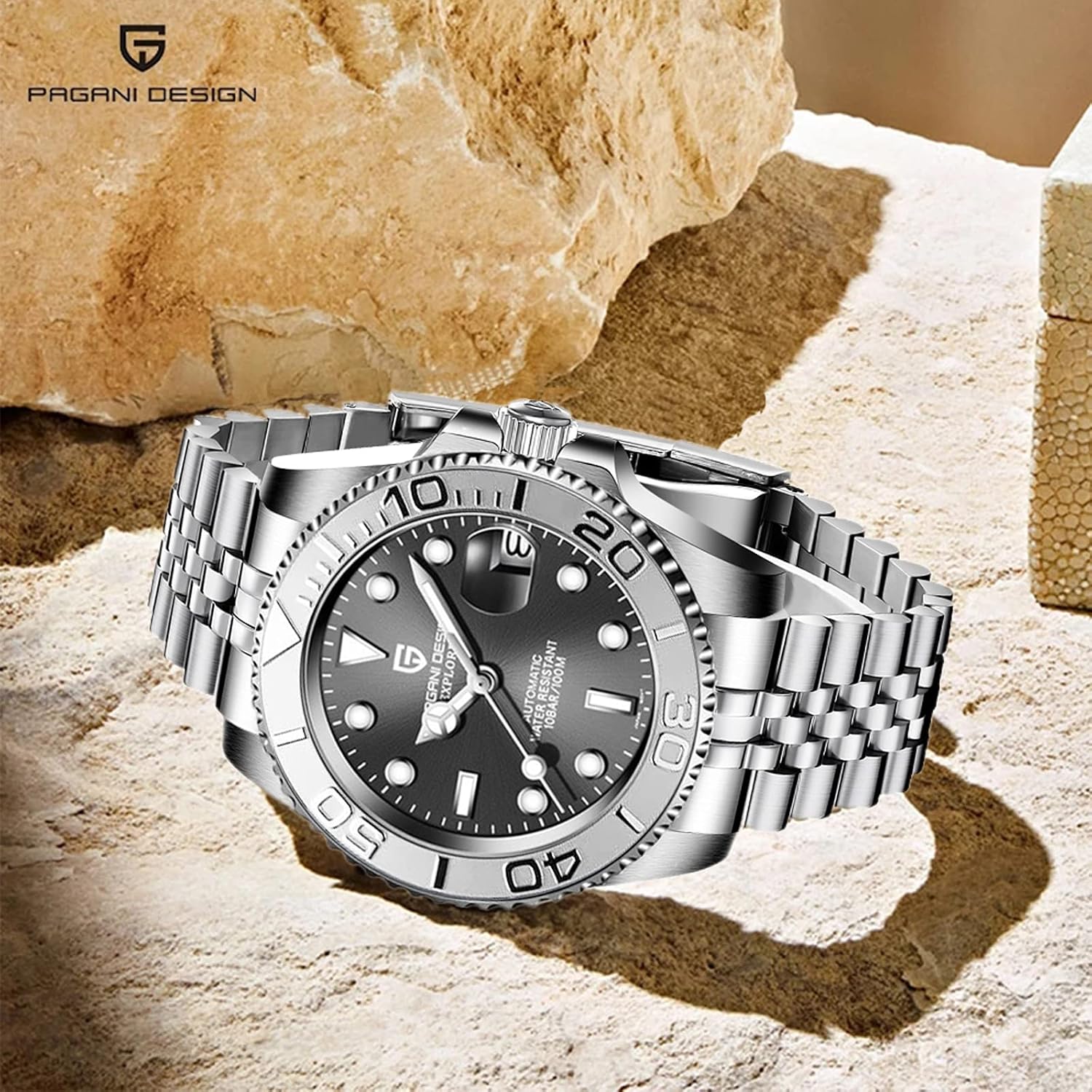 Detalle de Pagani Design Orologio Uomo Automatico NH35 40 mm: stile classico e robustezza 100M