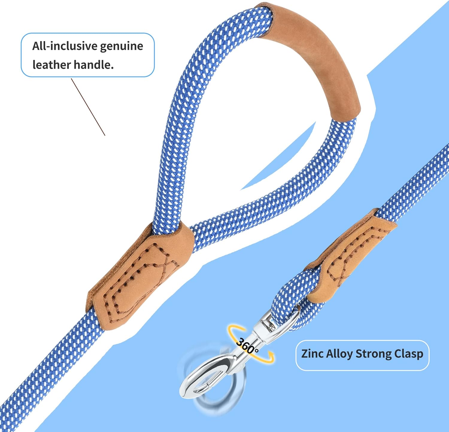 Thumbnail 2 de Mile High Life Premium Leather Dog Leash with 1/2-inch Rope, Zinc Alloy Swivel Clasp (48-inch, Blue/White)