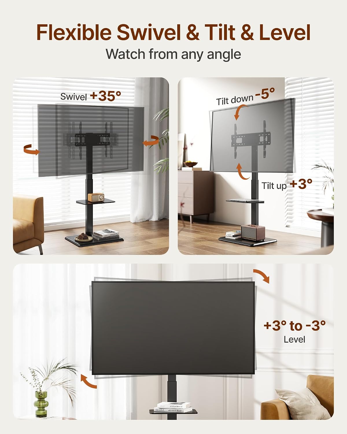 Detalle 2 de ECOTINY Steel Base Floor TV Stand with Power Outlet for 32–75 inch TVs
