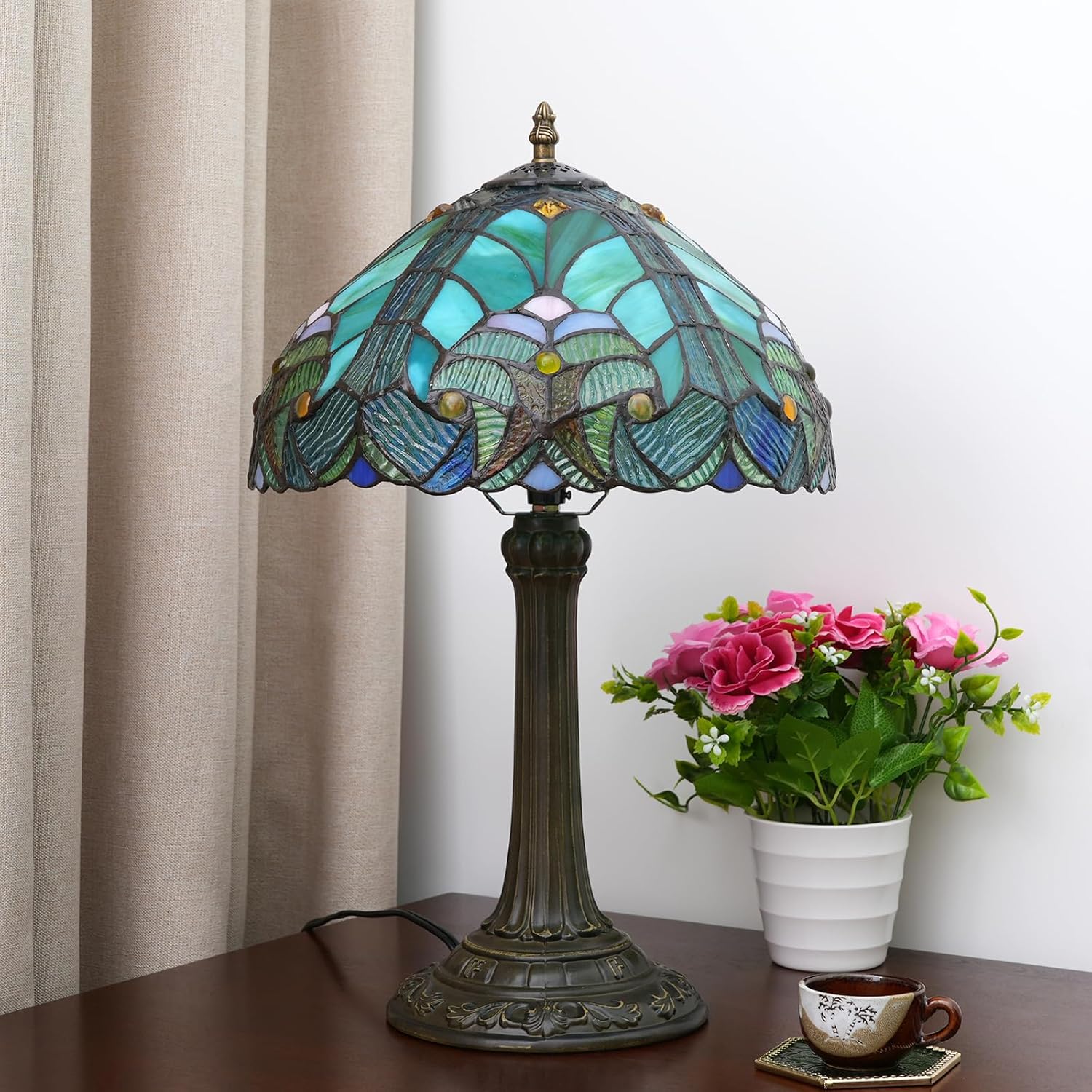 Thumbnail 5 de Blivuself Tiffany Lamp Green Liaison Style Stained Glass Table Lamp