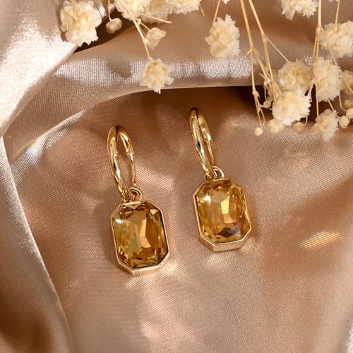 Detalle de Aliyoham Citrine Geometric Hoop Earrings – 14K Gold Plated Hypoallergenic Dangle Jewelry