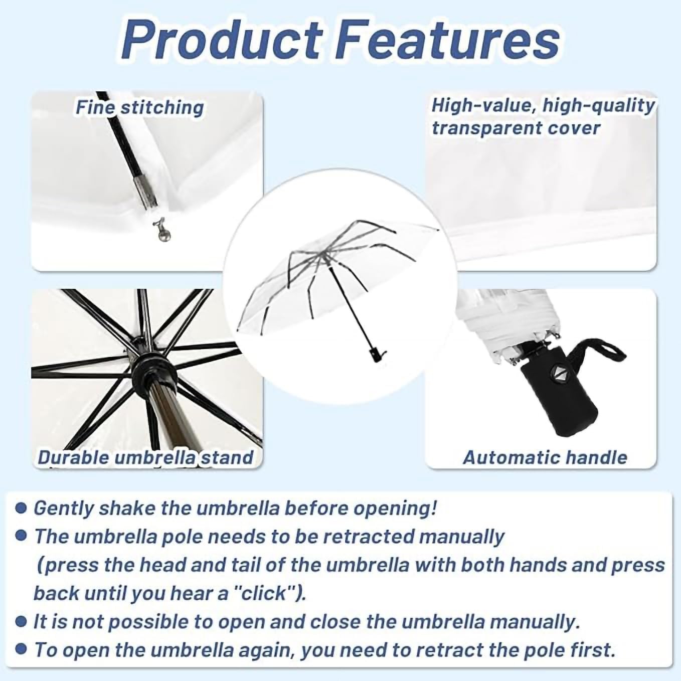 Detalle de VIPOPICO Clear Umbrella Automatic Open Close – Compact Travel Clear Umbrella with Frosted Handle