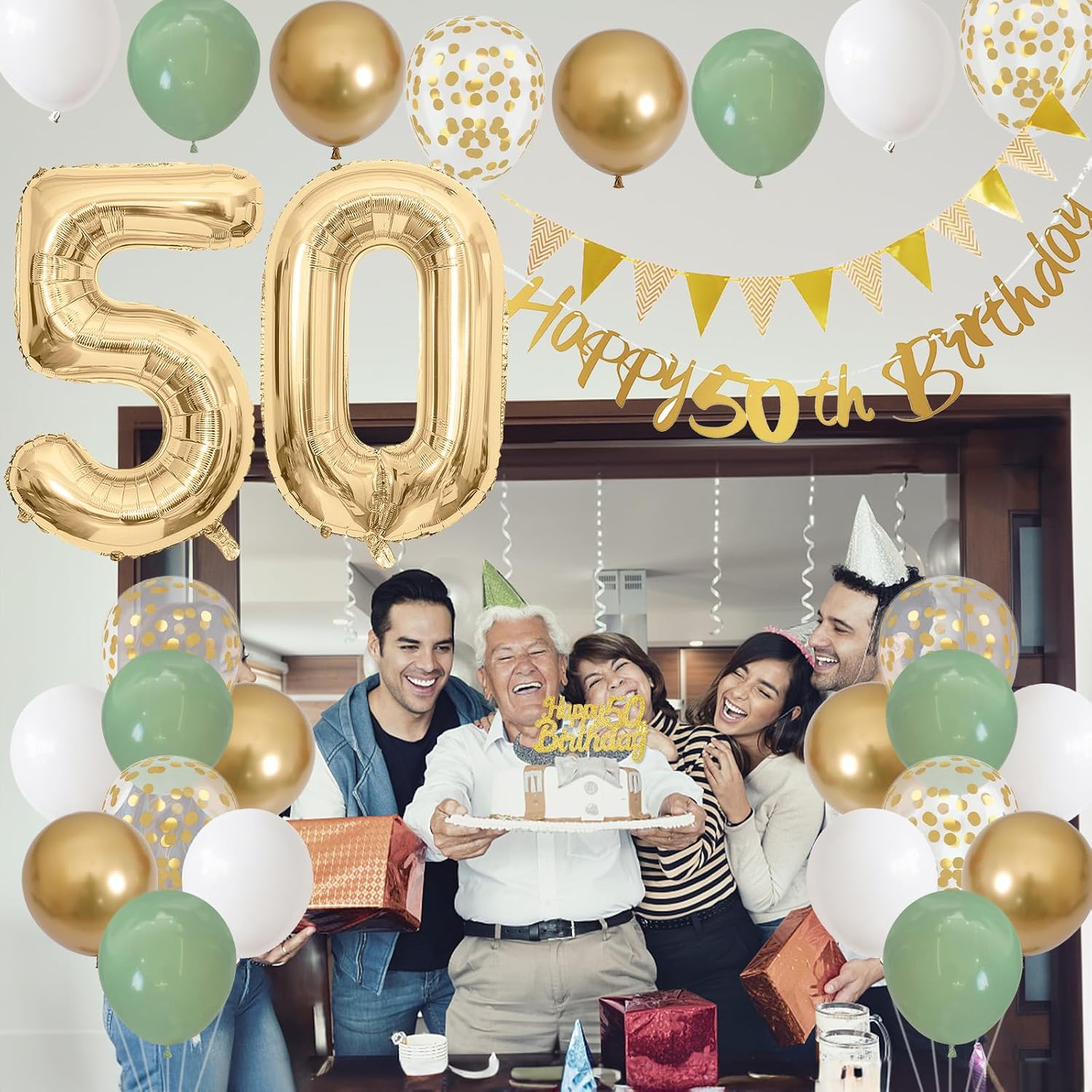 Detalle 2 de 50th Birthday Decorations for Men and Women in Sage Green, White, and Gold