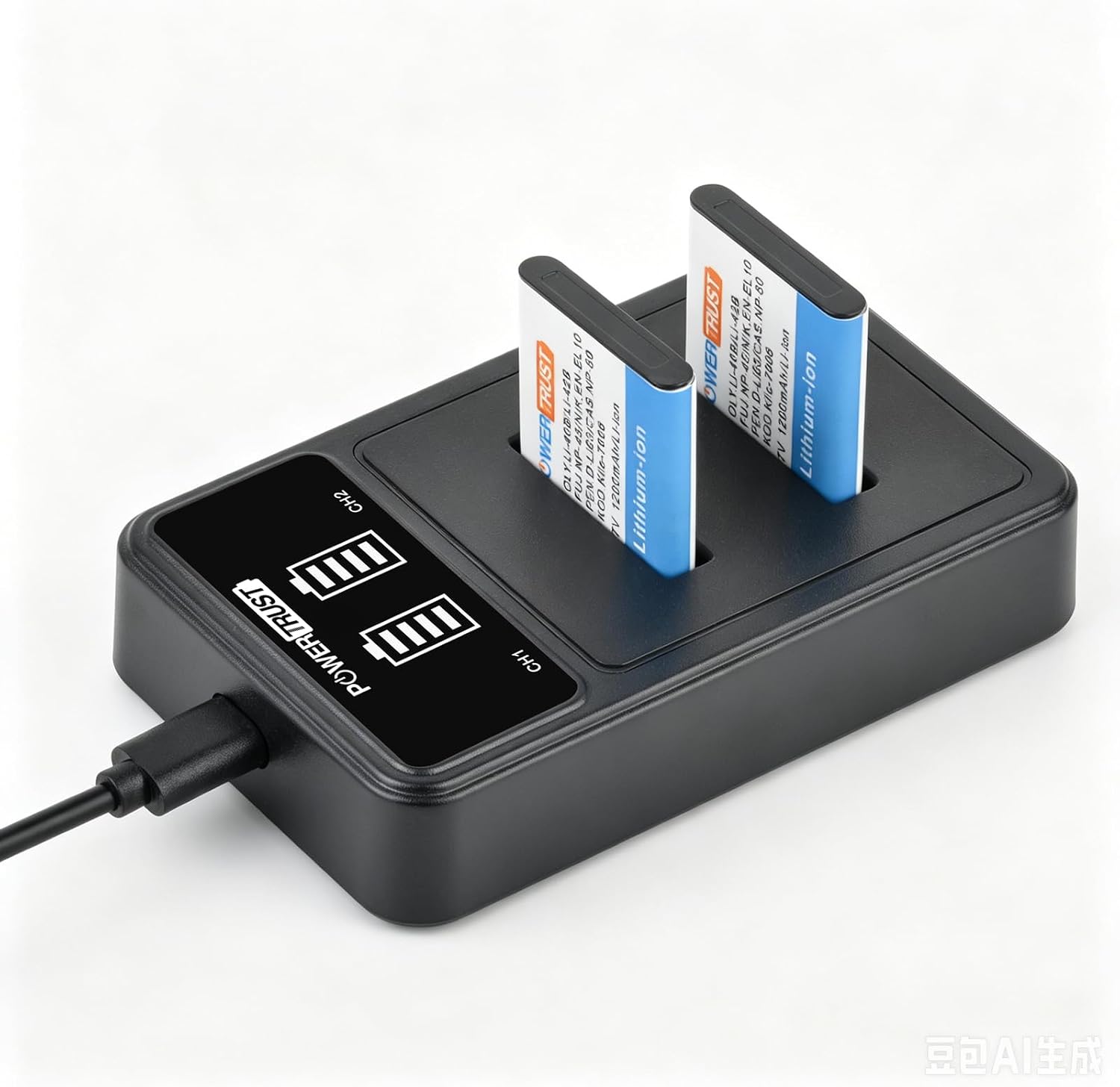 Detalle 2 de PowerTrust 2Pcs 1200mAh Li-42B Li-40B EN-EL10 Battery + LED Dual Charger with USB and Type-C for NP-45, NP-80, NP-82, KLIC-7006