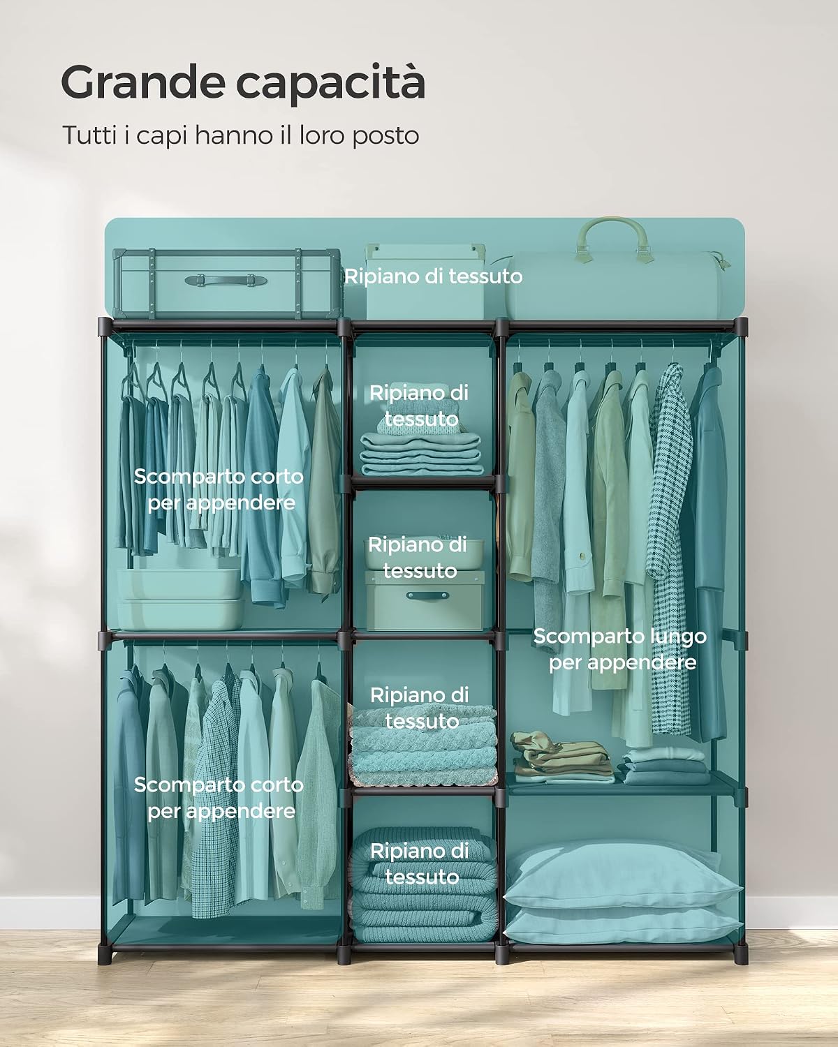 Detalle de SONGMICS Armadio autoportante con barre appendiabiti e ripiani in tessuto, 182 x 43 x 182 cm, Nero Inchiostro (RYG037B02)