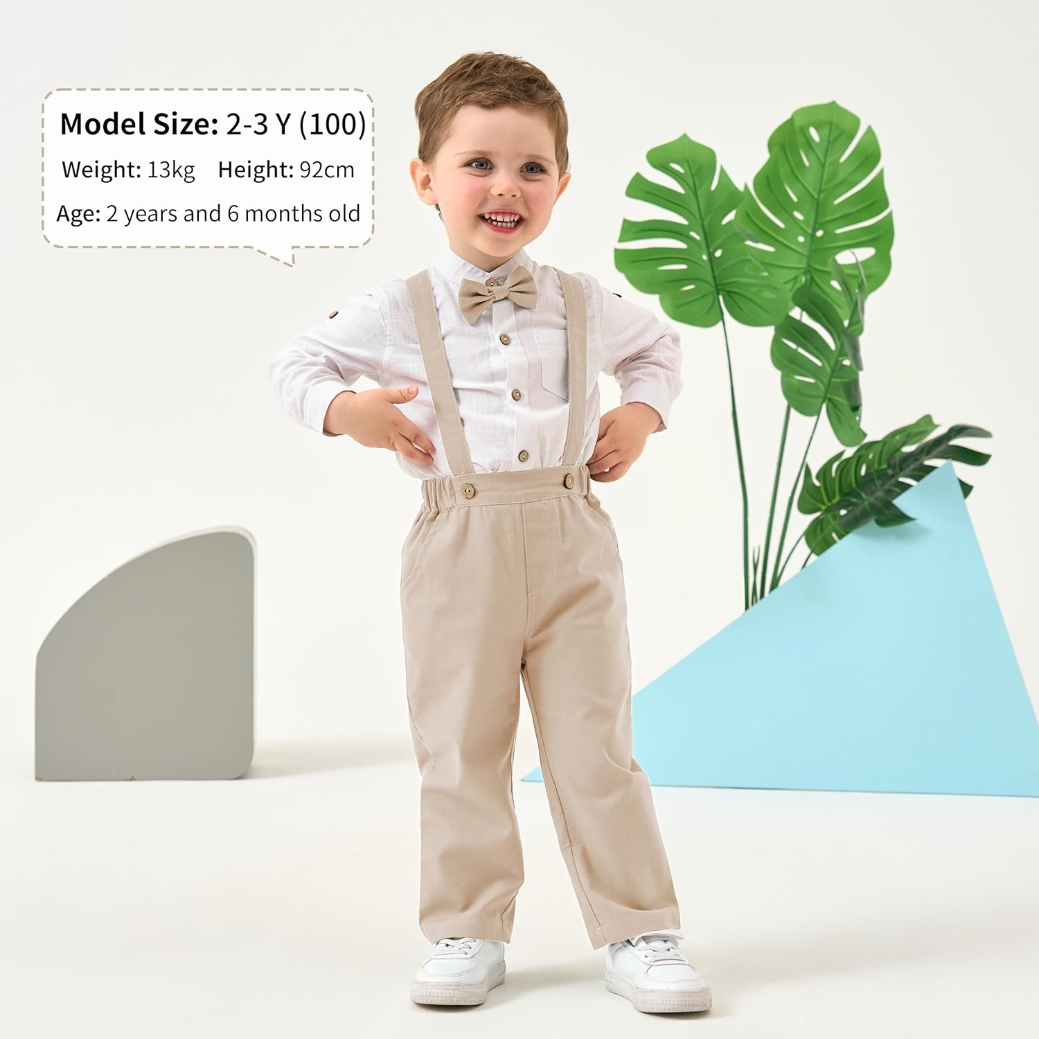 Thumbnail 2 de Ensemble costume bébé garçon Volunboy (4 pièces) coton lin pour cérémonie, chemise + nœud papillon + bretelles + pantalon