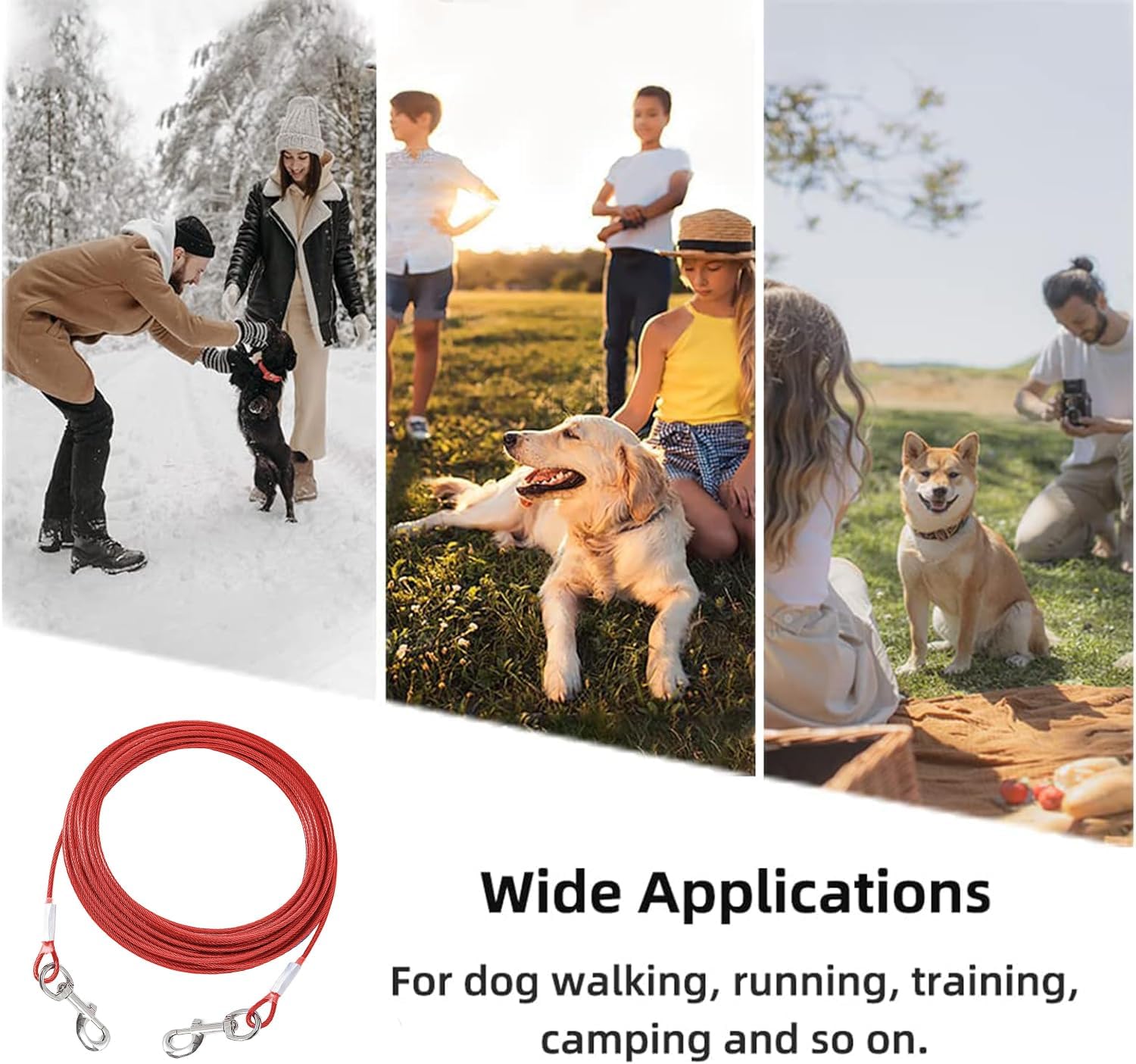 Detalle 2 de Mi Metty Dog Tie Out Cable (Chew Proof) with 360° Swivel Hooks, Red, 50ft (15m) — for small dogs up to 60lbs
