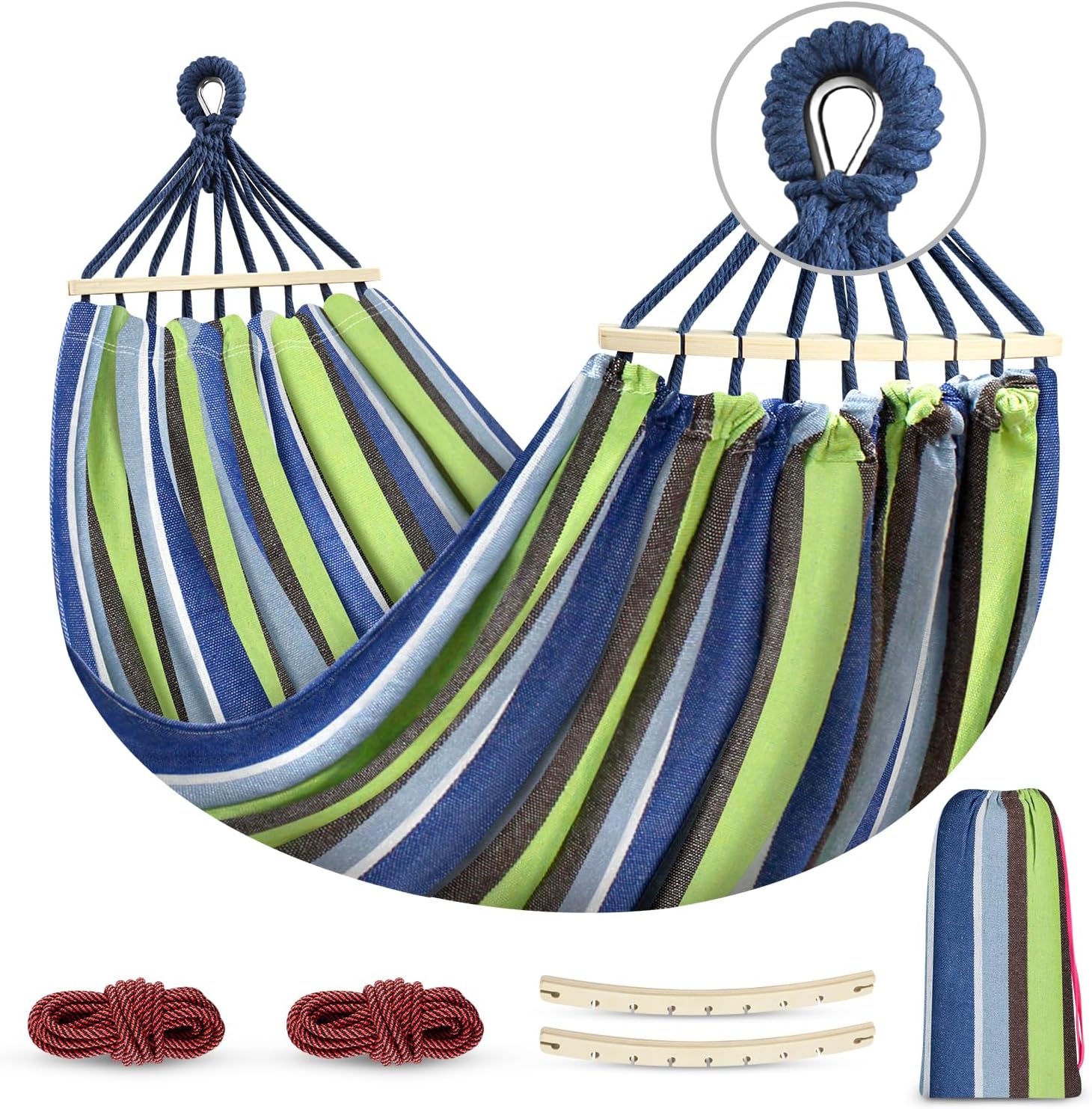 Detalle de MOSFiATA Hammocks Portable Camping Hammock (Light Green) with anti-roll balance bars and tree straps