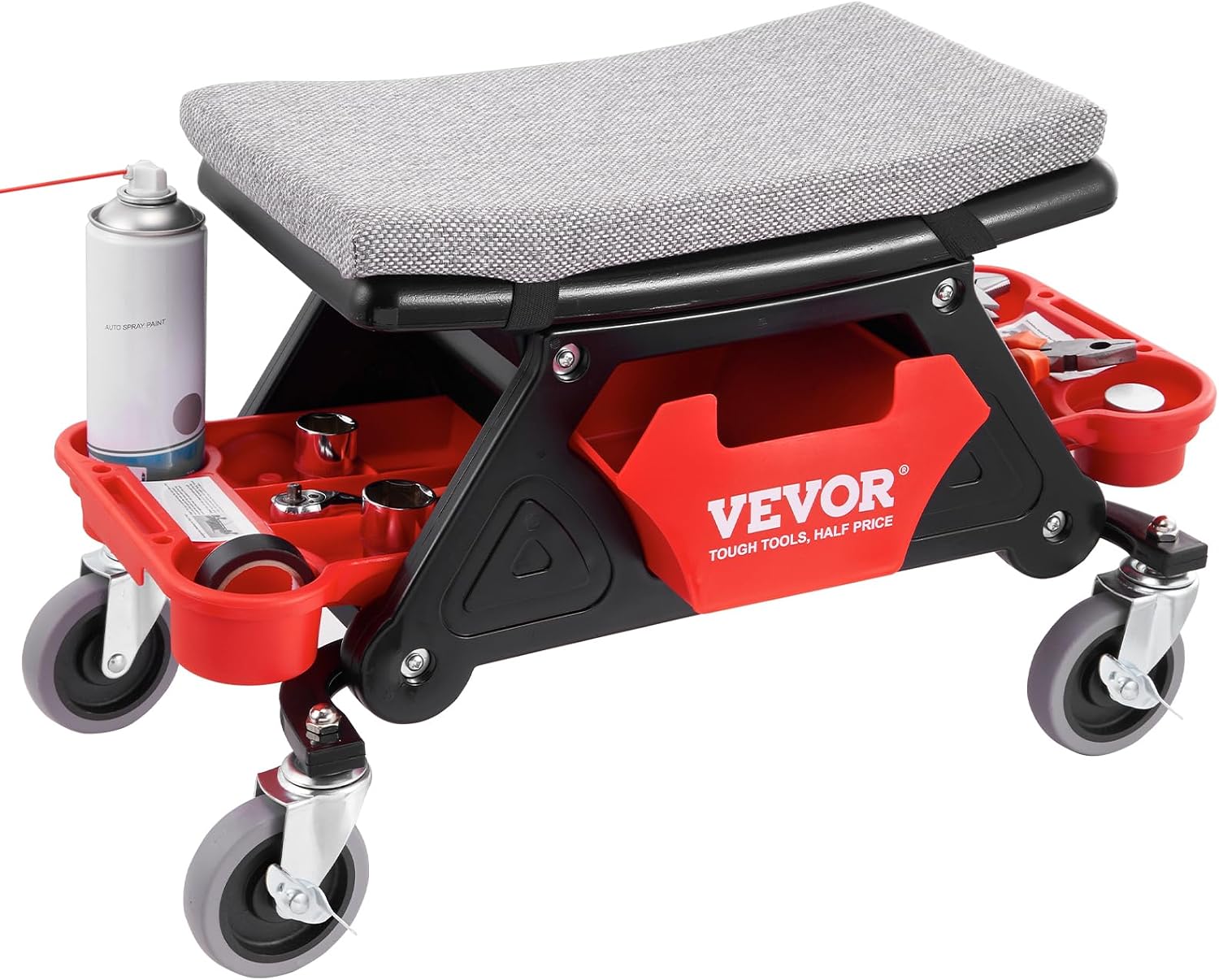 Detalle de VEVOR 300 LBS Capacity Garage Stool, Rolling Mechanic Seat with Tool Trays