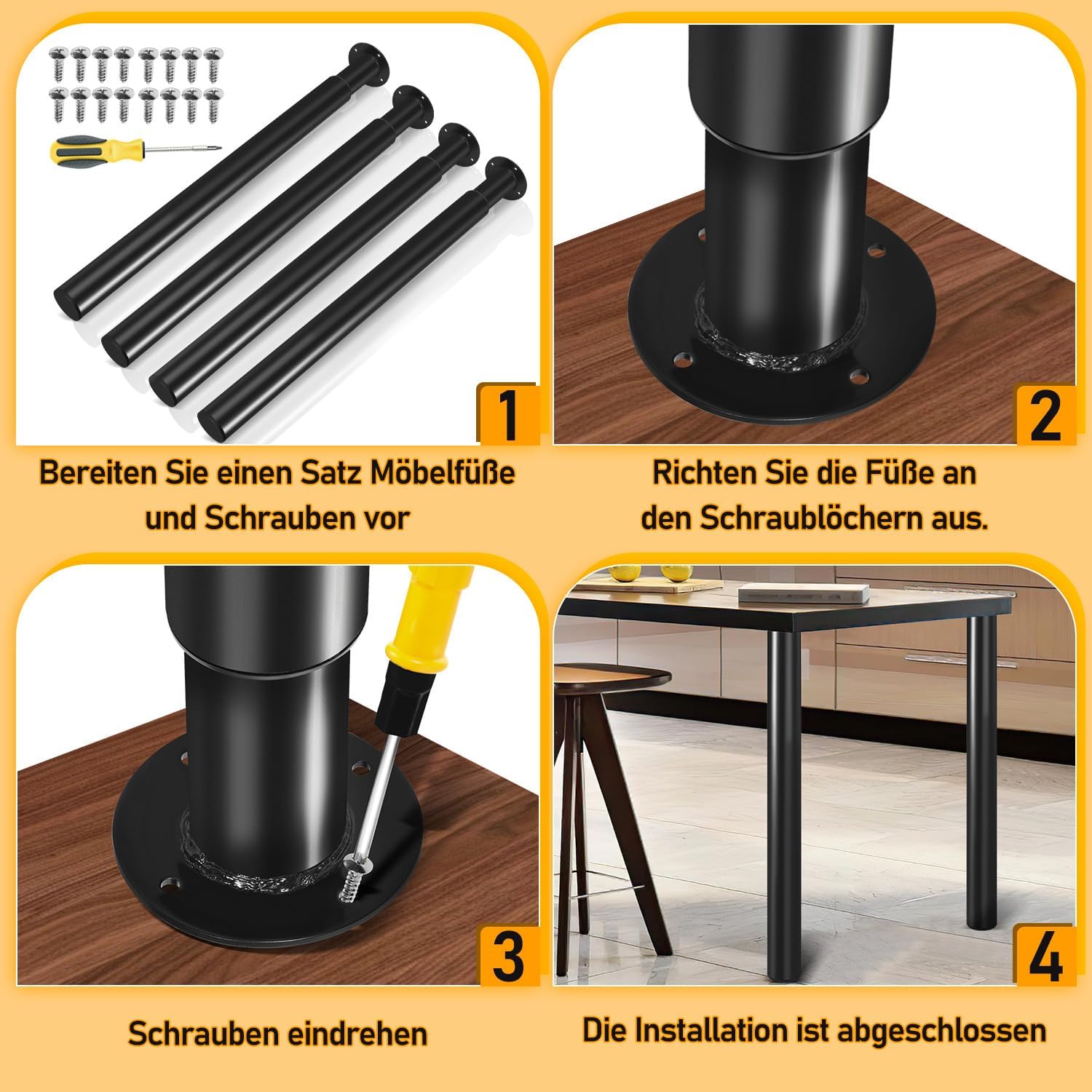 Thumbnail 4 de Pieds de table réglables en hauteur en métal noir – Lot de 4, 70 à 110 cm
