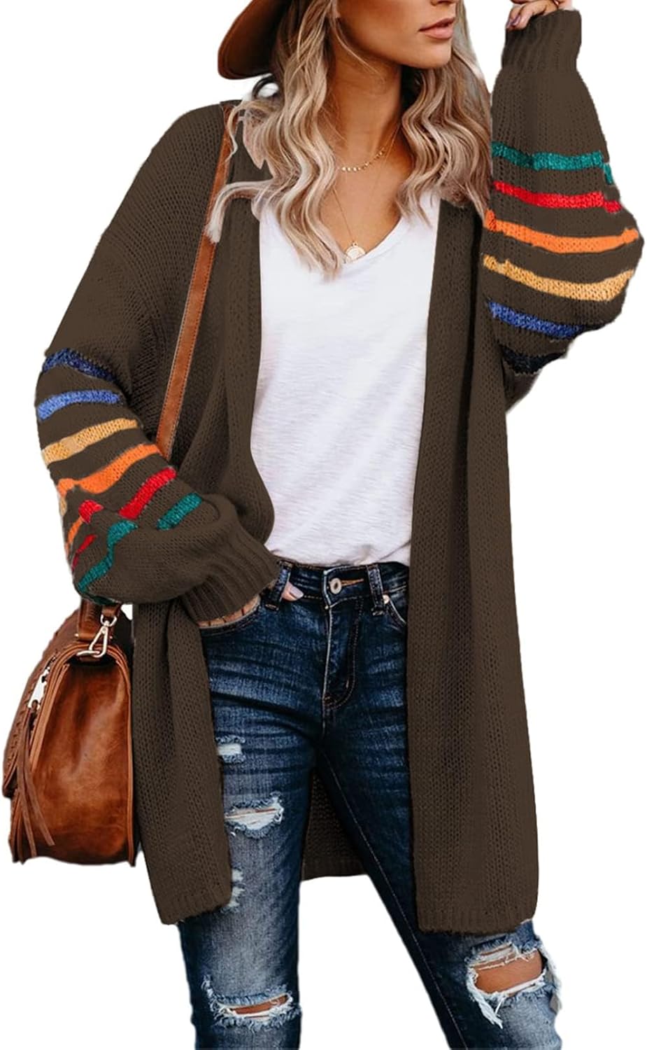 Detalle de AlvaQ Women’s Longline Open-Front Rainbow Striped Cardigan (S–XXL) – Lightweight Knit Coat Jacket
