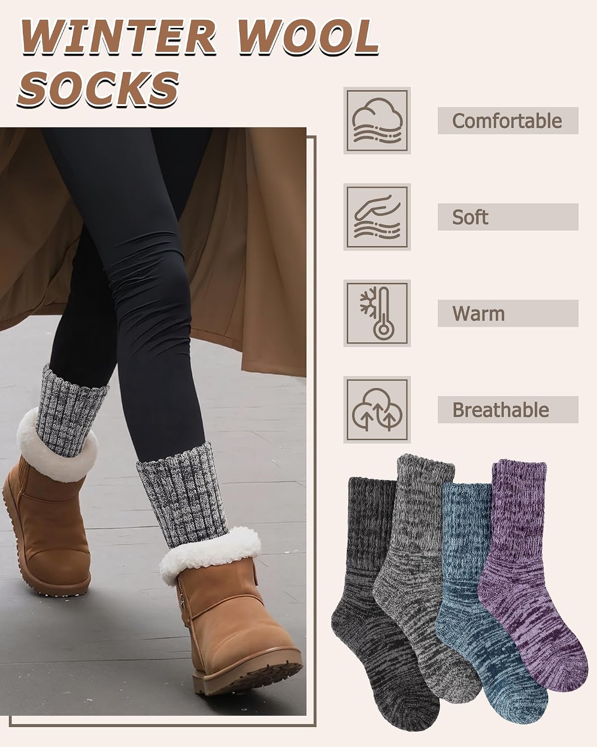 Detalle de Senker Fashion Wool Socks for Women, 4-Pair Thermal Boot Socks with Arch Support
