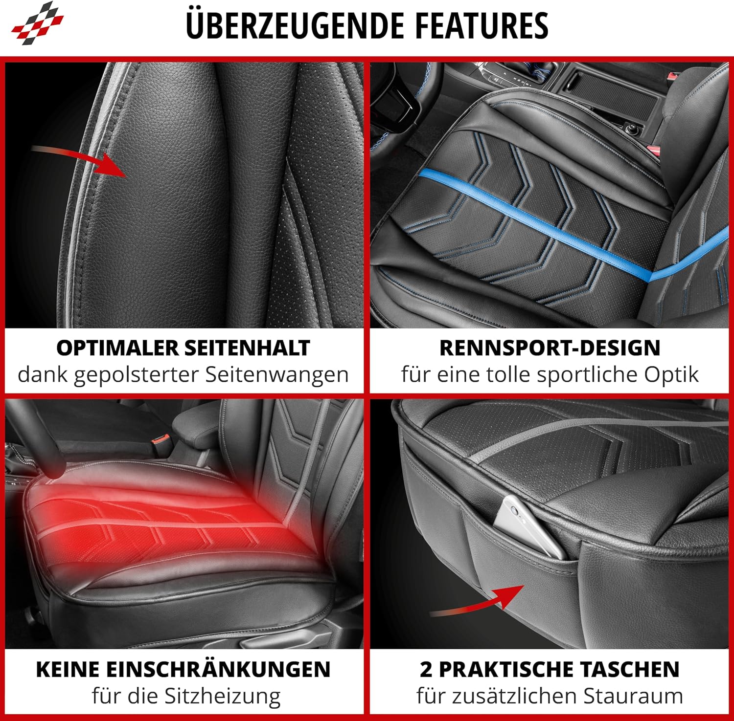 Detalle de Walser Premium Sitzauflage Auto Kimi – Sitzschoner Vordersitze schwarz/rot im Rennsport-Design