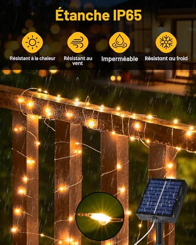 Detalle de Tacobey Lot de 2 Guirlandes Solaires Extérieures – 20 m, 200 LED, 8 Modes, Étanches, Minuterie