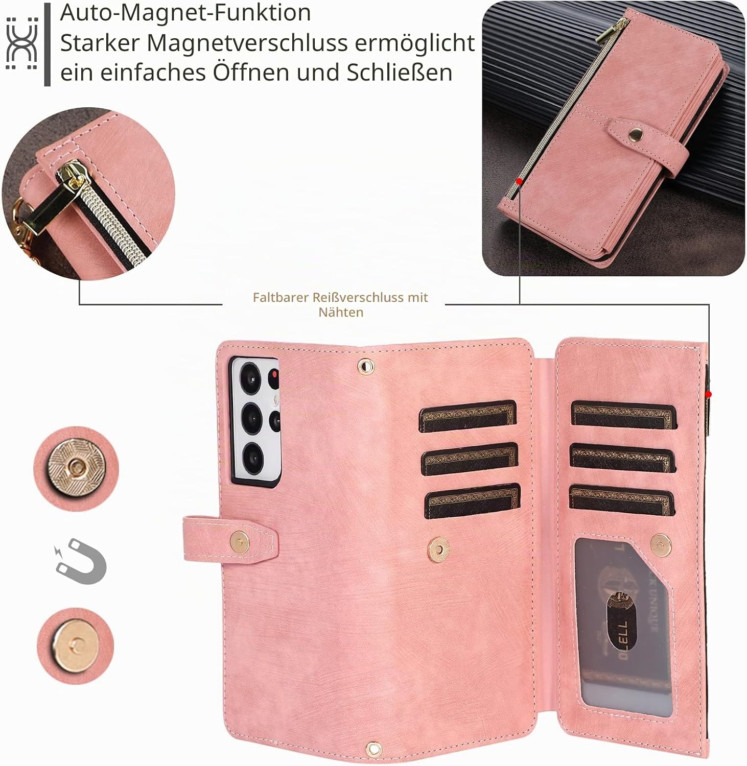 Detalle de UEEBAI Wallet-Hülle für Samsung Galaxy S23 Ultra – Vintage Retro Leder mit 9 Kartenfächern, Umhängegurt, Standfunktion und Reißverschluss in Rosa