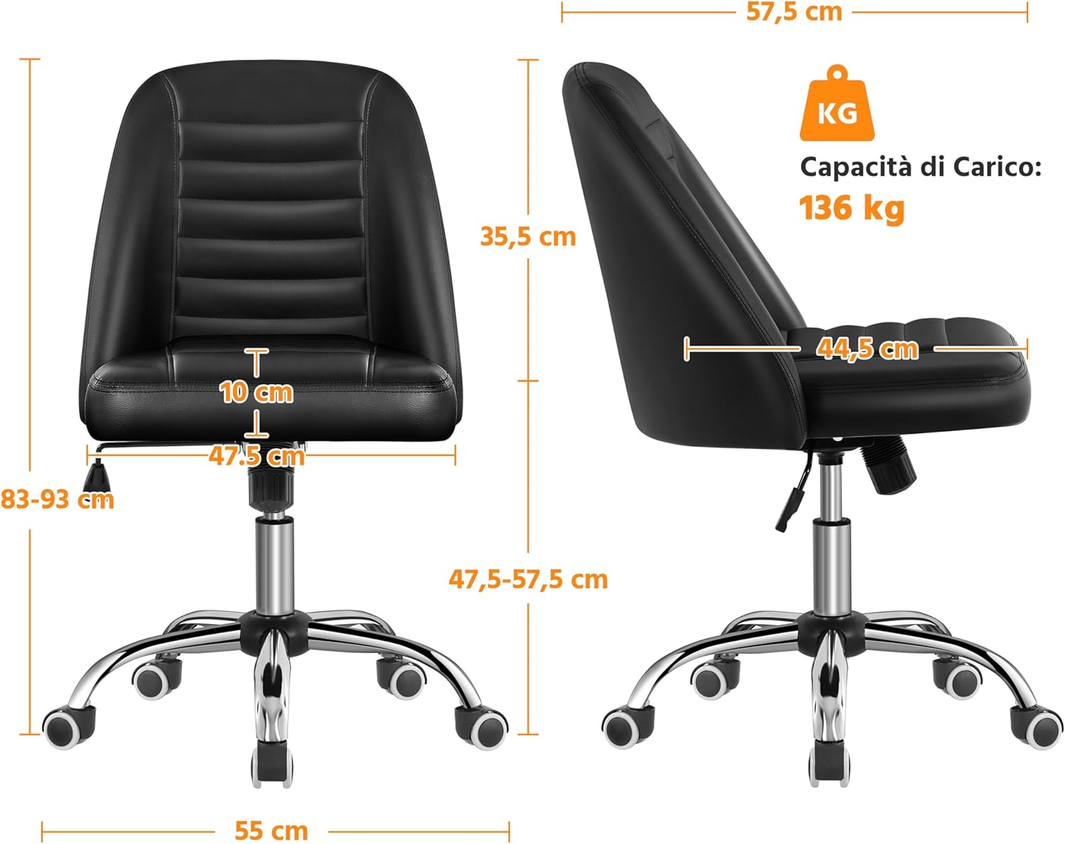 Detalle de Yaheetech Sedia da Ufficio con Schienale a Conchiglia, Senza Braccioli, Seduta in Similpelle e Rotelle Girevole