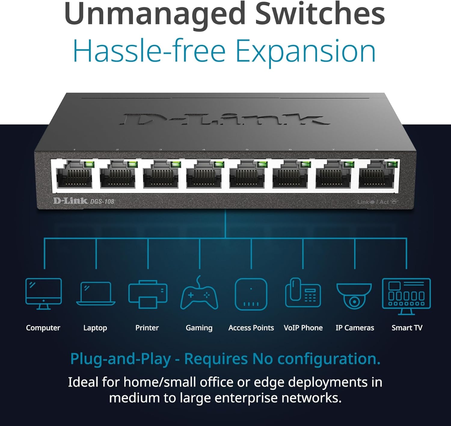 Thumbnail 2 de D-Link DGS-108 8-Port Layer2 Gigabit-Switch (lüfterlos, Metallgehäuse) für bis zu 2000 Mbit/s pro Port