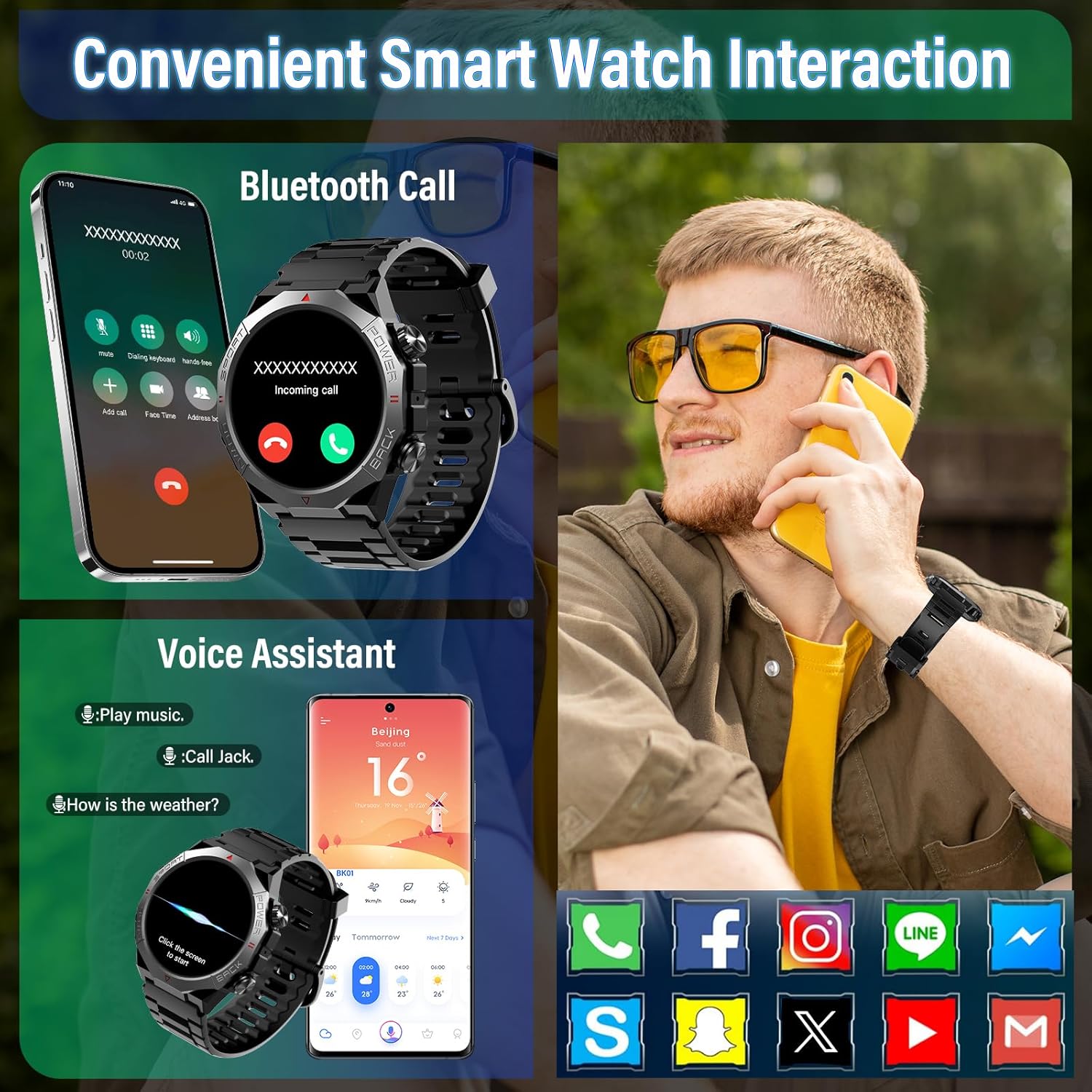 Detalle de Qecnato Montre Connectée Homme 1,39" HD Militaire : Bluetooth appels, sport, cardio et écran HD