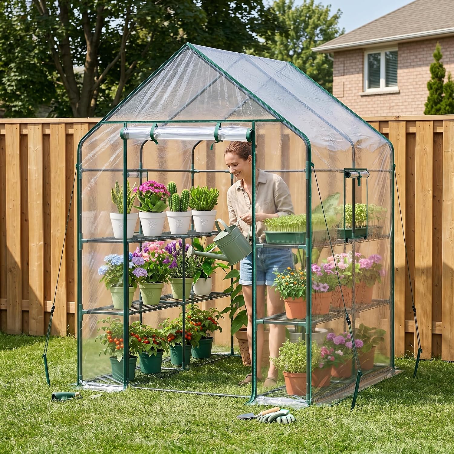 Detalle de Ohuhu GGH-01 Walk-In Greenhouse with 12 Shelves and Roll-Up Door
