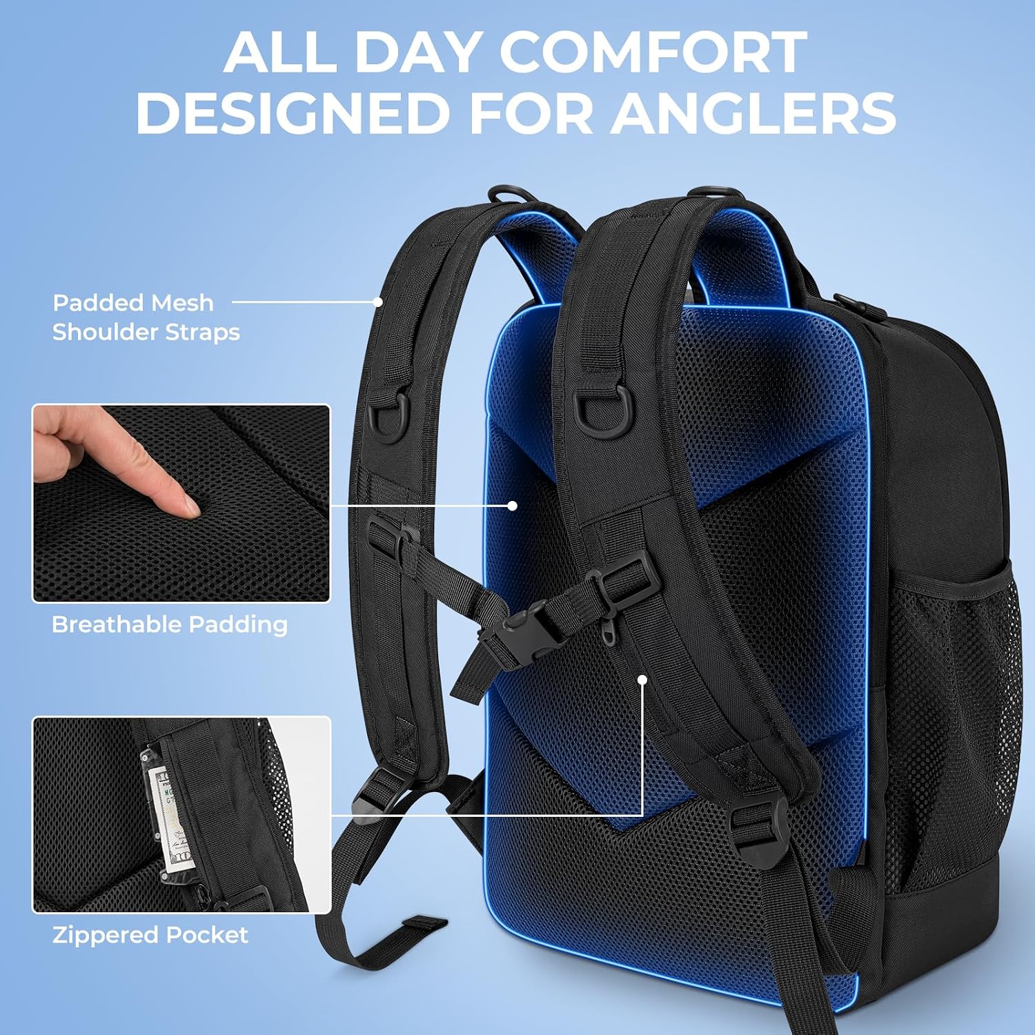 Detalle de KastKing KarryAll Fishing Tackle Backpack with Rod Holder and 4 Tackle Boxes