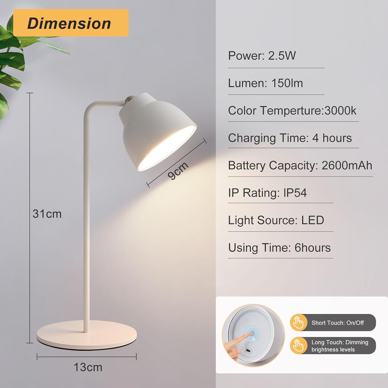 Detalle 2 de HARPER LIVING 1406W-FBA 4-in-1 Rechargeable LED Lamp, 3000K, Touch Dimming