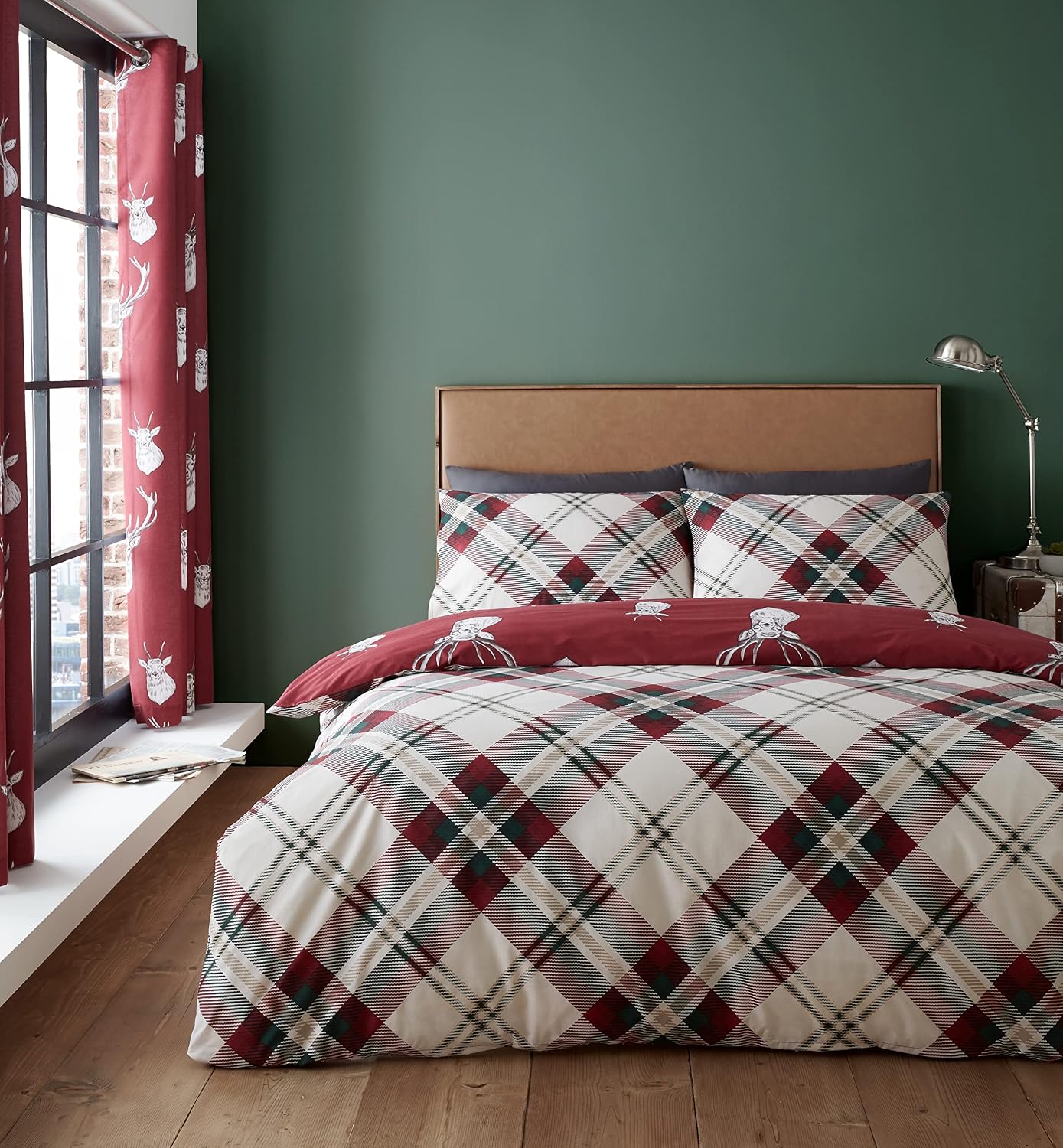 Thumbnail 1 de Catherine Lansfield Munro Stag Check Reversible Double Duvet Cover Set