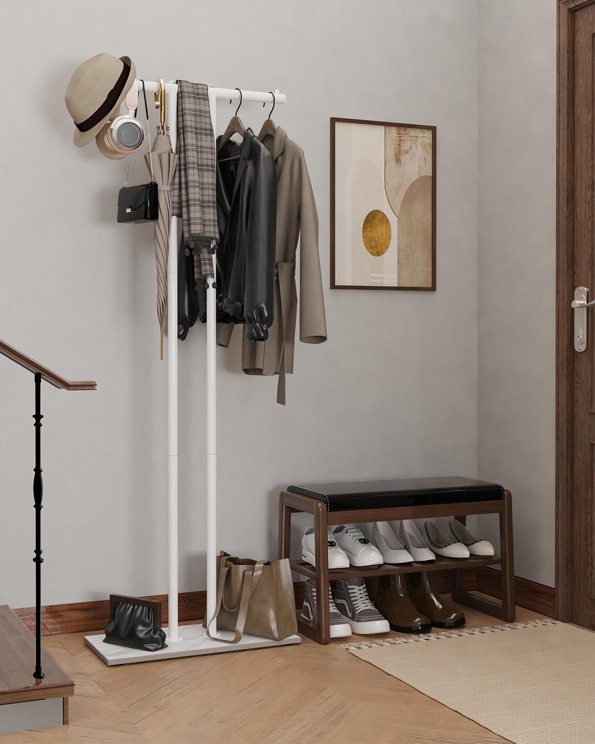 Detalle 2 de OUTBROS EYJ104W vrijstaande T-vormige kapstok, metaal, wit, 60 × 25 × 175 cm