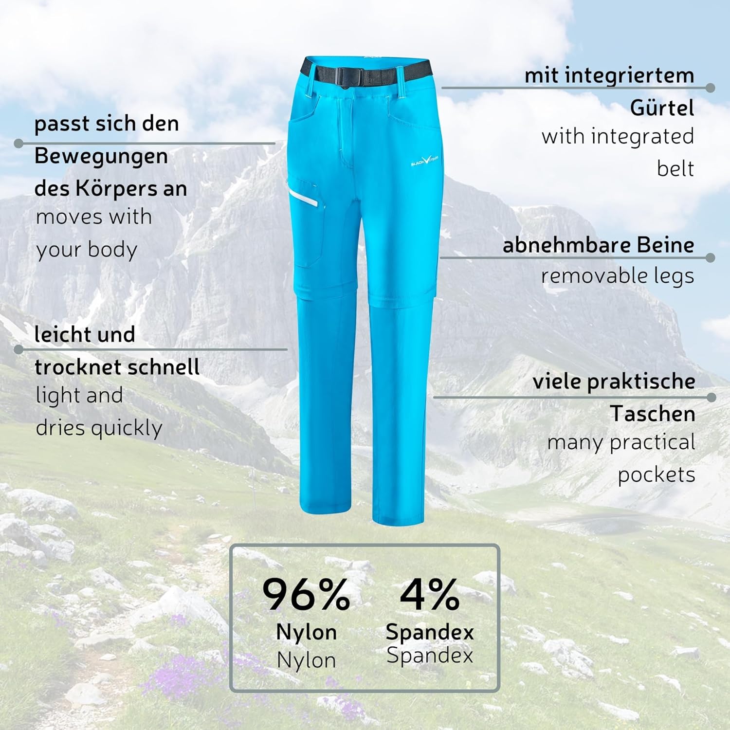 Detalle de Black Crevice Pantalon de Trekking Zippé pour Femme – Confort et Tournure pratique