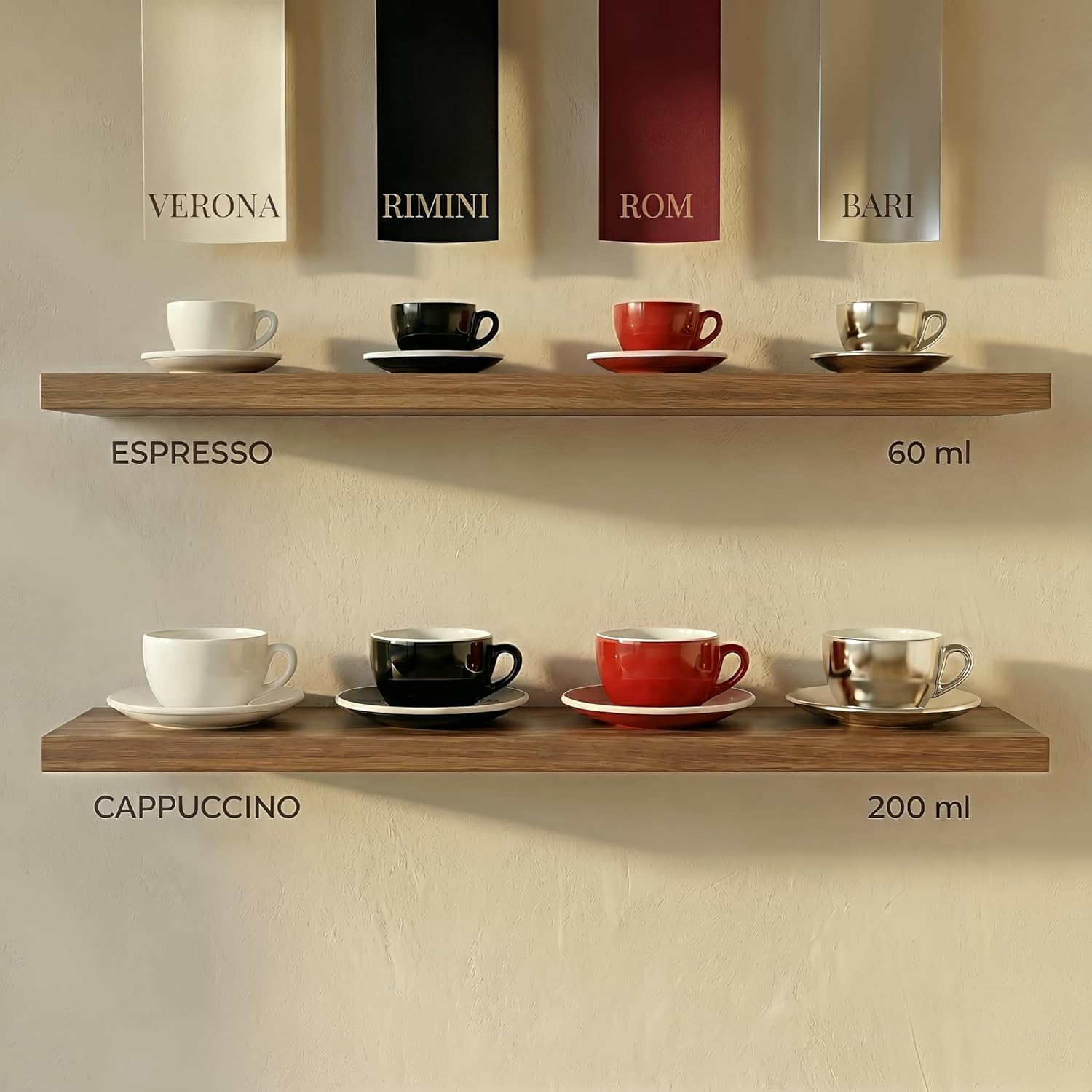 Detalle de MUVELL 6x Cappuccinotassen Rot – Italian Style, spülmaschinenfest, Geschenkset mit Untertassen