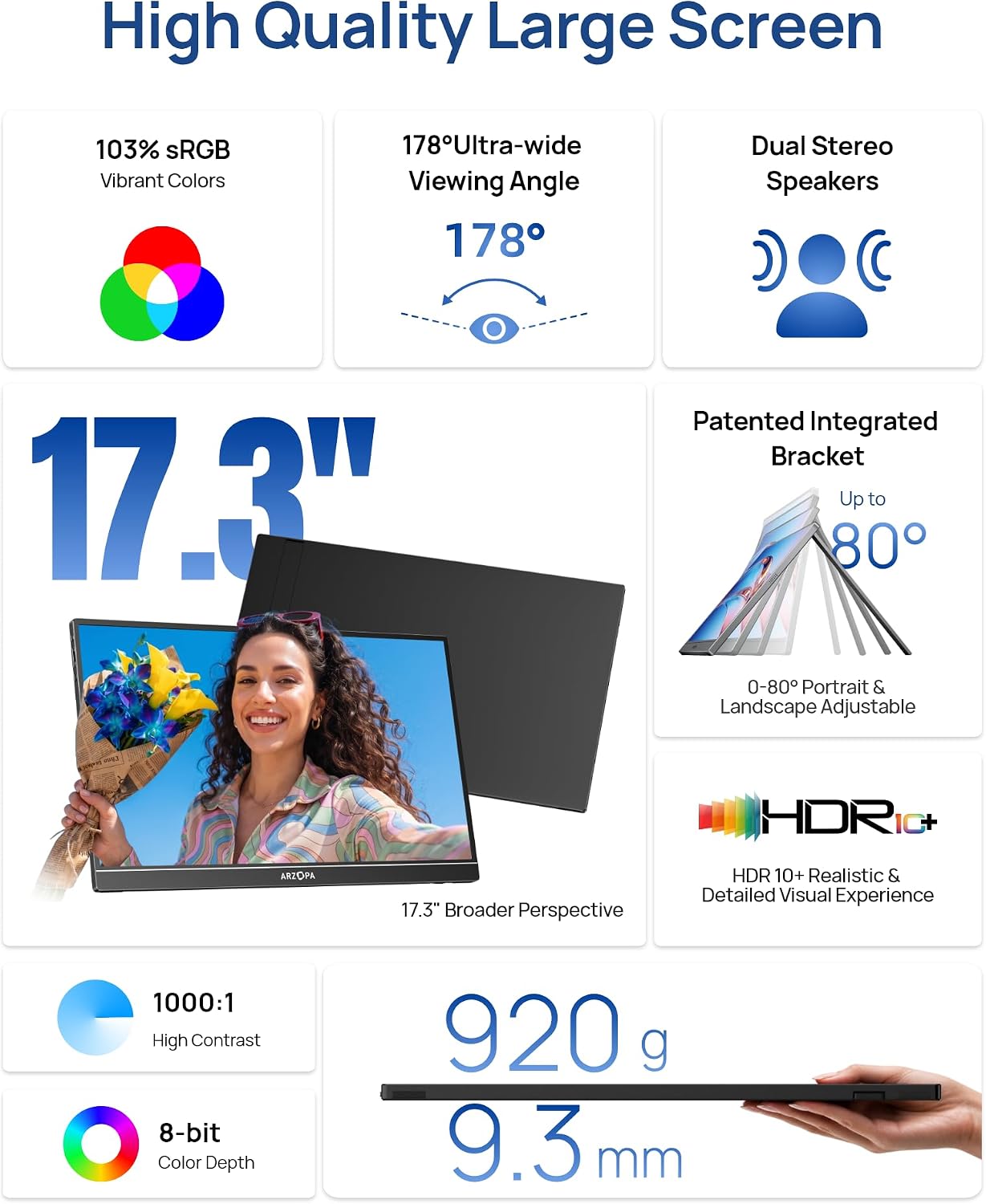 Detalle 2 de ARZOPA A1M 17.3-inch Portable Monitor, Full HD IPS HDR with Kickstand