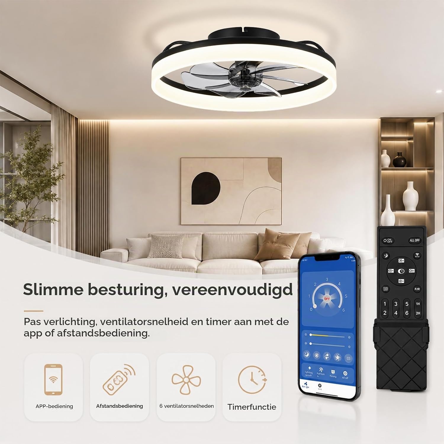 Detalle 2 de MOSSCO plafondventilator 50 cm met dimbare led, 6 snelheden en afstandsbediening