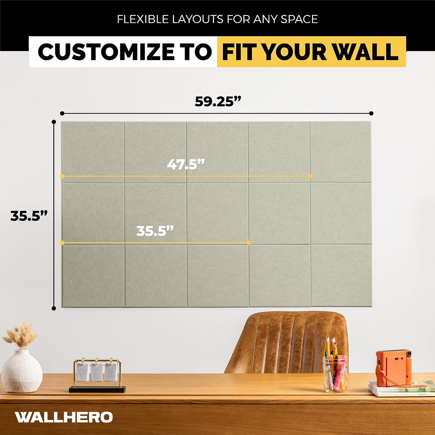 Detalle 2 de WallHero Felt Wall Tiles, 59" x 36", 15-Pack, Sage Green Recycled Polyester