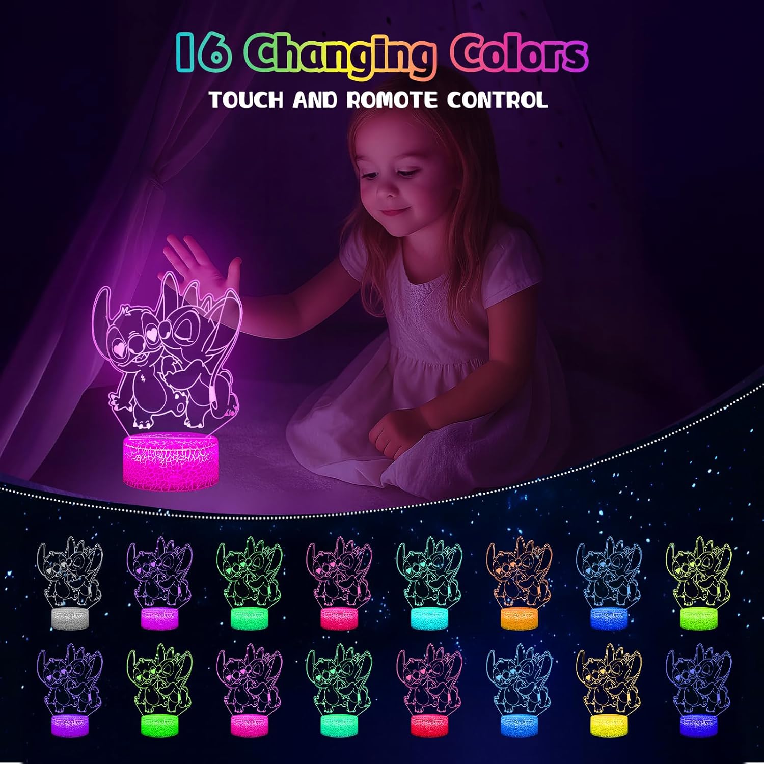 Thumbnail 1 de Stitch Lamp (2 Patterns) – 3D LED Night Light for Girls’ Room