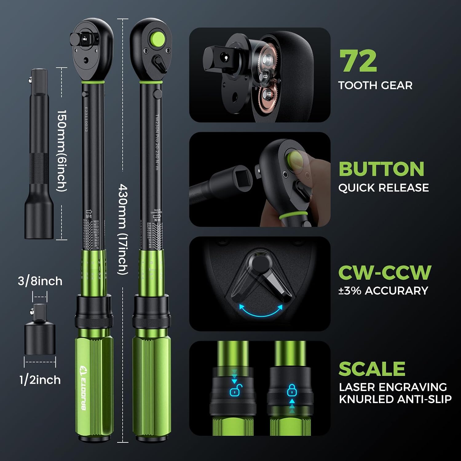 Thumbnail 1 de ETOOLAB 1/2" Click Torque Wrench Dual-Range 20–230Nm (±3%) with 3-piece set