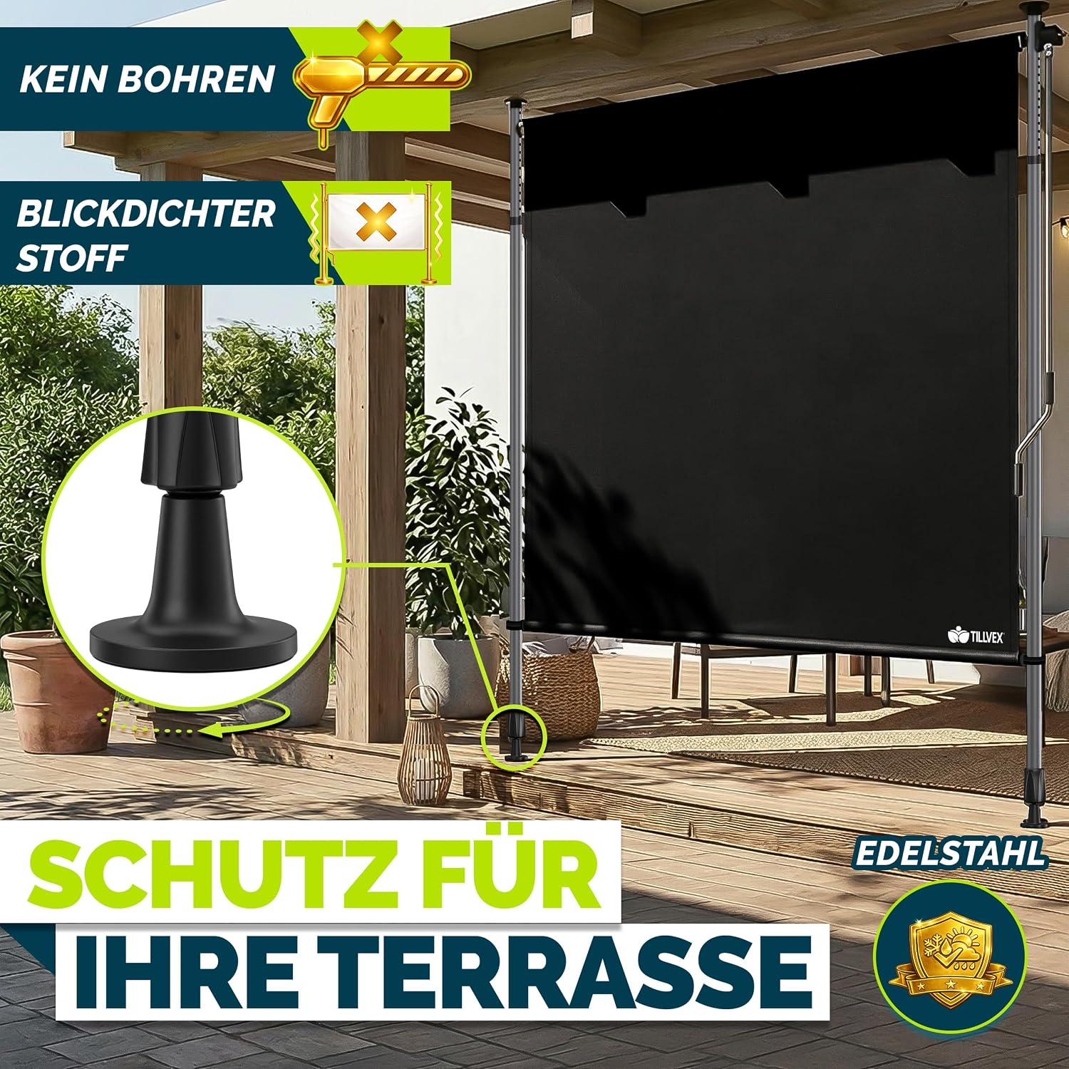 Detalle 2 de tillvex® Klemmmarkise Senkrechtmarkise mit Handkurbel – Sichtschutz & Wetterfestes Balkonrollo ohne Bohren (Schwarz, 120x310 cm)
